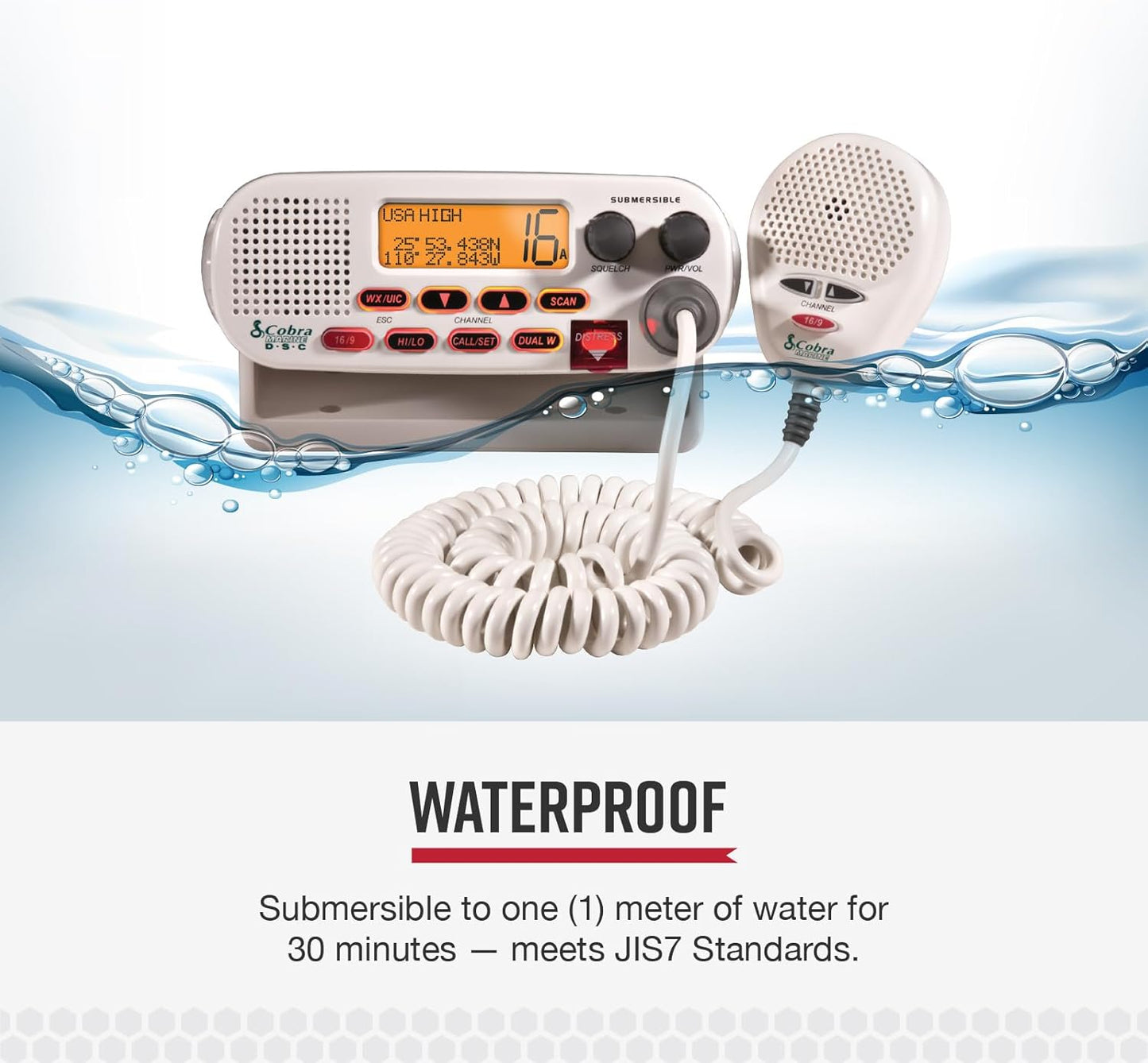 Cobra MR F45-D Fixed Mount VHF Marine Radio – 25 Watt VHF, Submersible, LCD Display, Noise Cancelling Microphone, NOAA Weather Channels, Signal Strength Meter, Scan Channels, White
