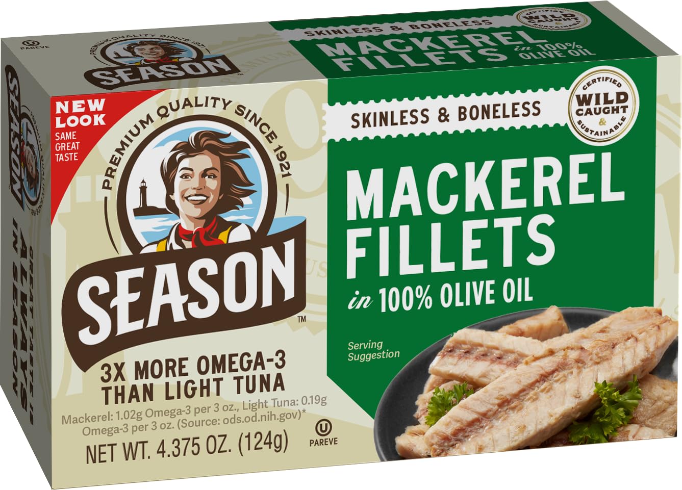 Season Mackerel in Water - Skinless & Boneless, No Salt Added, Wild Caught, Keto Snacks, Canned Mackerel Fillets, Full of Vitamins, Low in Mercury, Kosher, Non-GMO, 20g of Protein - 4.37 Oz, 12-Pack