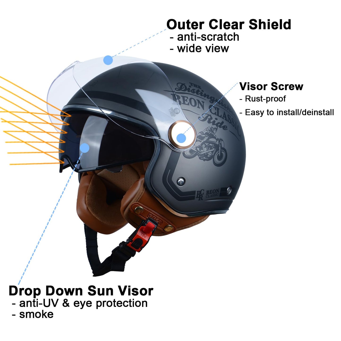 Open Face Motorcycle Helmet for Adults, DOT Approved,3/4 Retro Vespa Helmet, Dual Visors Men's and Women's Motorbike Casco for Moped Cruiser Bobber and Chopper