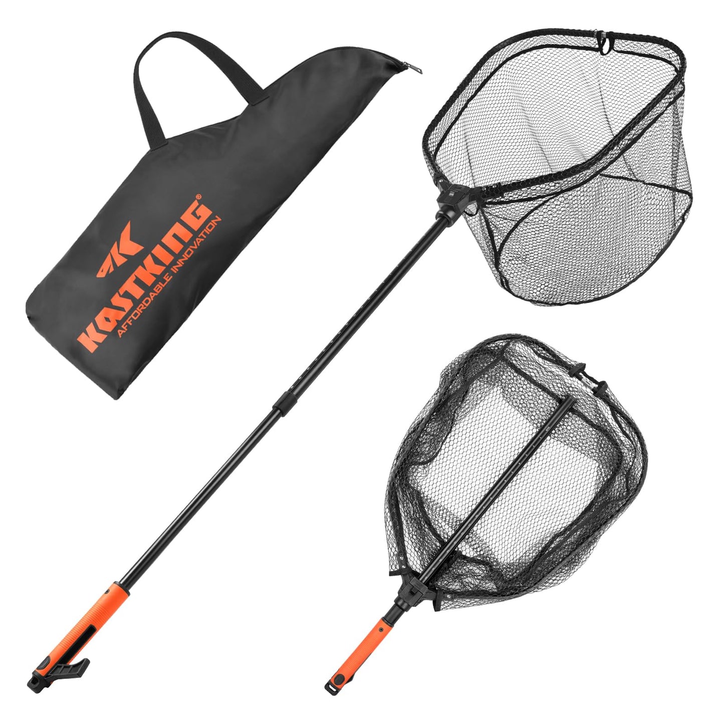 KastKing Brutus Folding Landing Net with Boat Hook, Foldable, Extendable, Lightweight & Strong, Multi-Functional Built-in Boat Hook, Non-Slip & Bright Orange TPR Handle, Two Nets Options