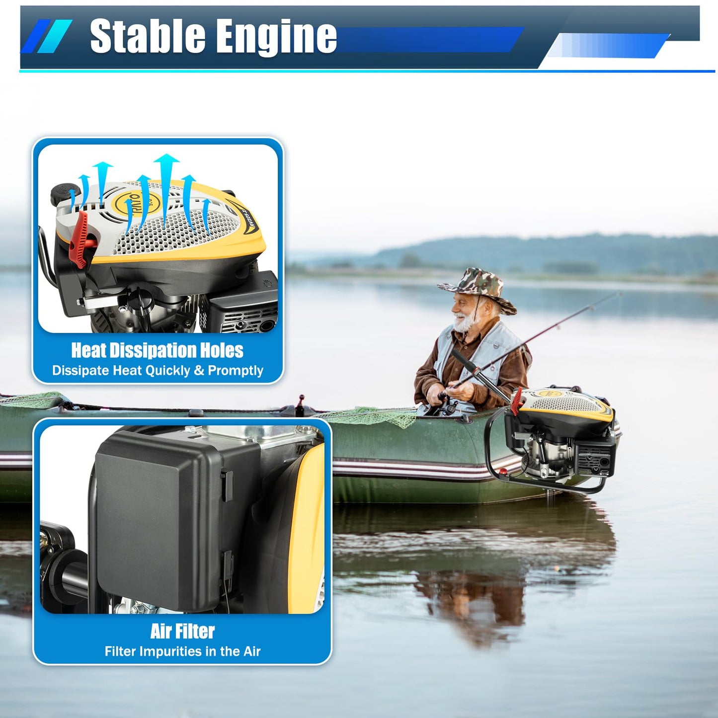 52cc Single Cylinder Gas 2.3HP Outboard Motor, Long Shaft with Air Cooling for Inflatable, Rubber, Fishing Boats, Yachts, Water Sports
