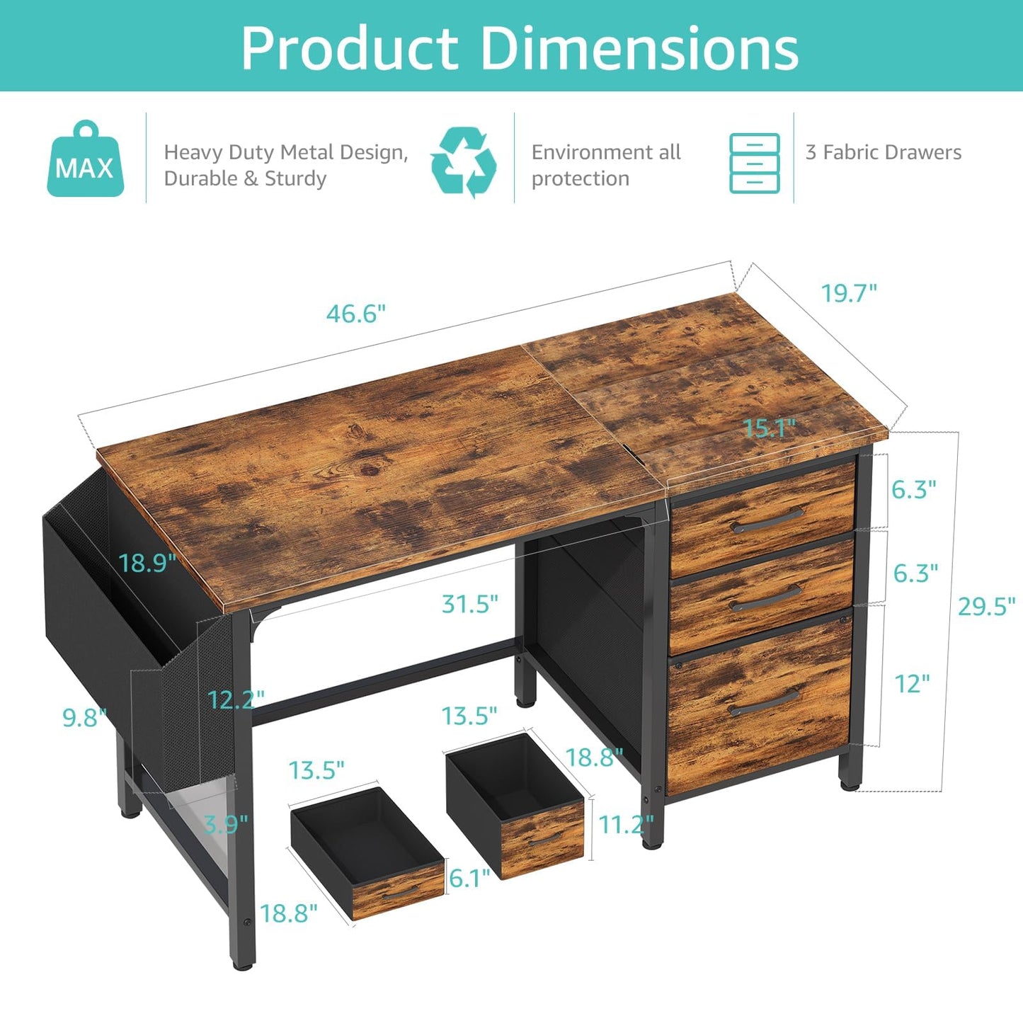 Lufeiya Computer Desk with Fabric File Drawers Cabinet, 47 Inch Reversible Home Office Desks with Filing Cabinet for Small Space, Study Writing Table PC Desks, Rustic Brown