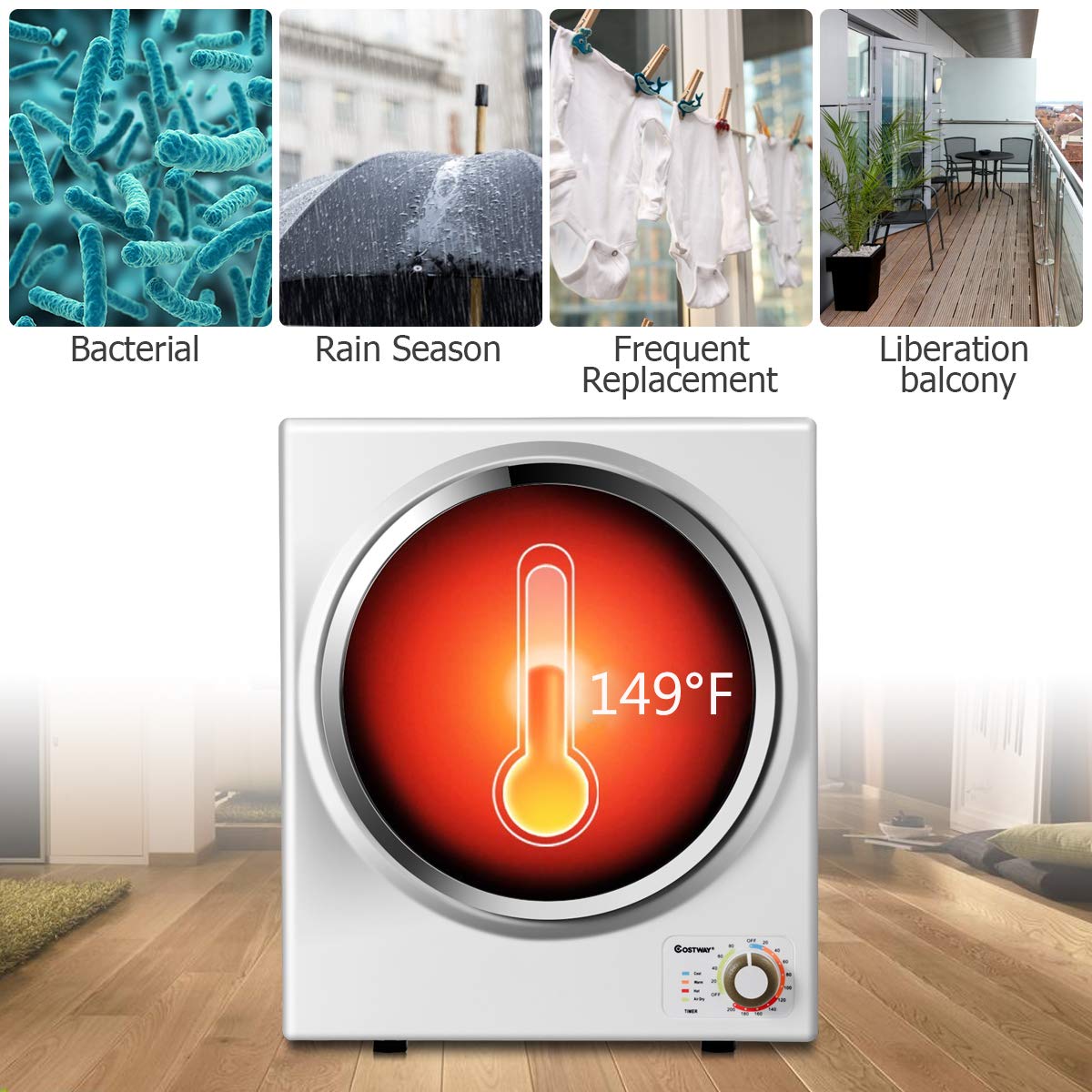 COSTWAY GYJ25-78 110V Electric Portable Clothes Stainless Steel Tub Laundry Dryer, for 4 Automatic Drying Mode, White