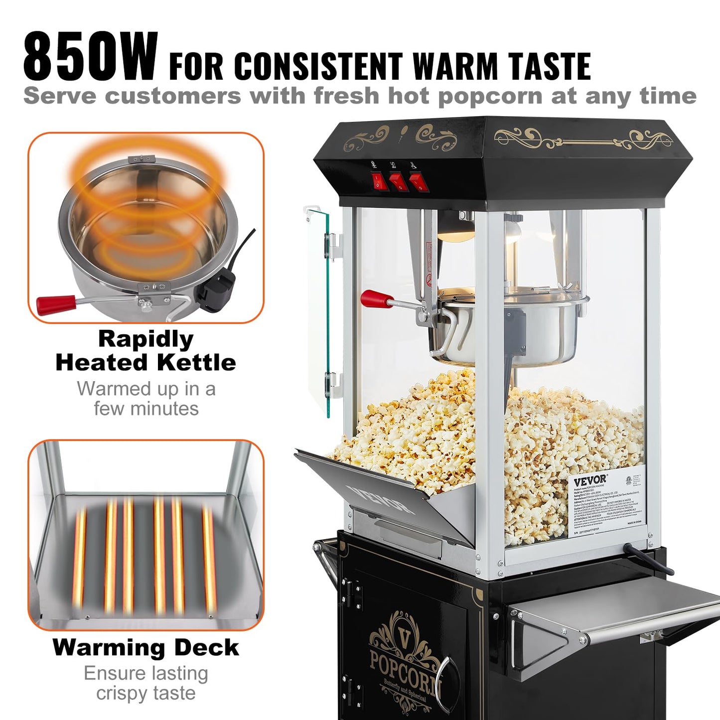 VEVOR Commercial Popcorn Machine, 8 Oz Kettle, 850 W Countertop Popcorn Maker for 48 Cups per Batch, Theater Style Popper with 3-Switch Control Steel Frame Tempered Glass Doors 2 Scoops 2 Spoons, Red