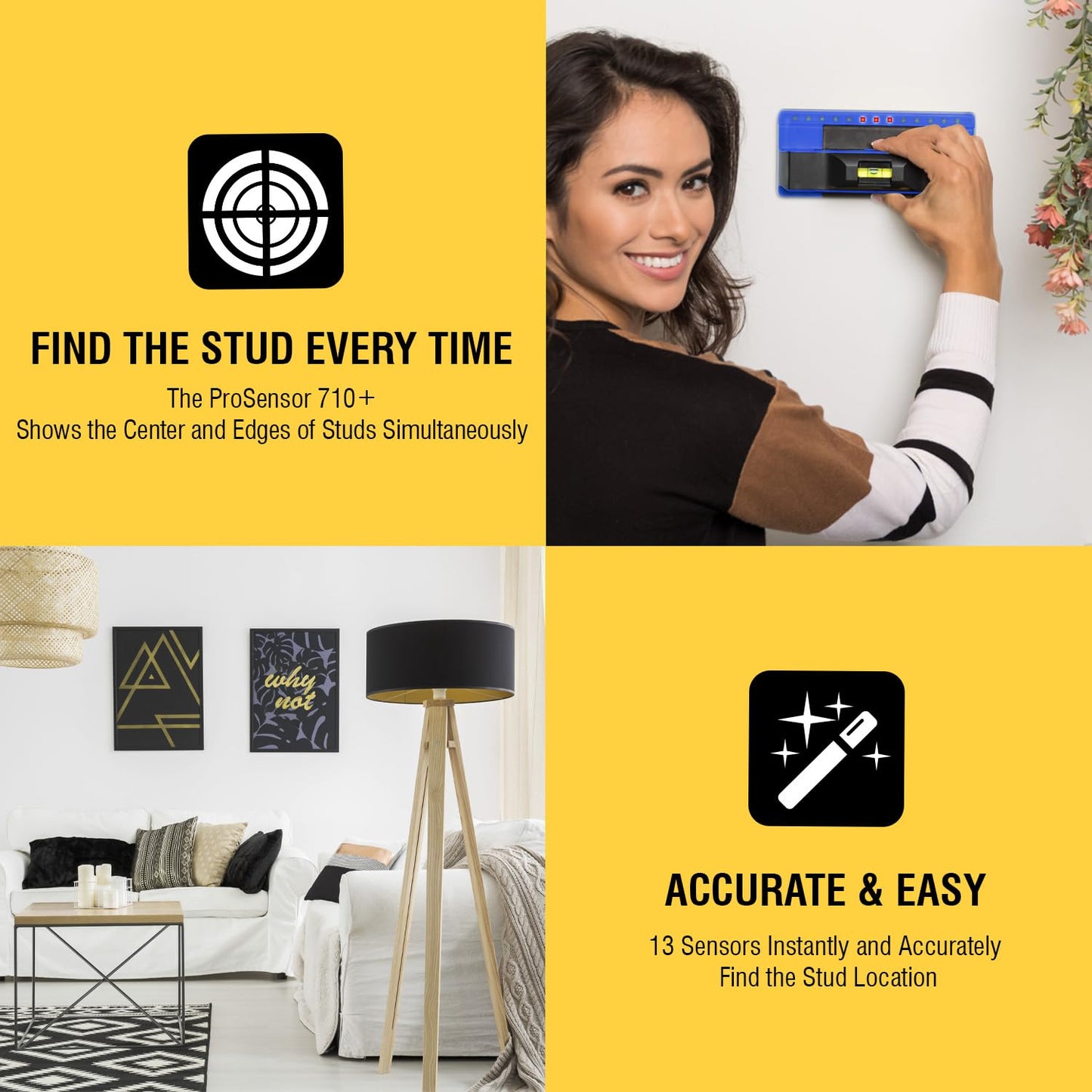 Franklin Sensors ProSensor 710+ Stud Finder with 13-Sensors, Wood & Metal Stud Detector/Wall Scanner, Built-in Bubble Level
