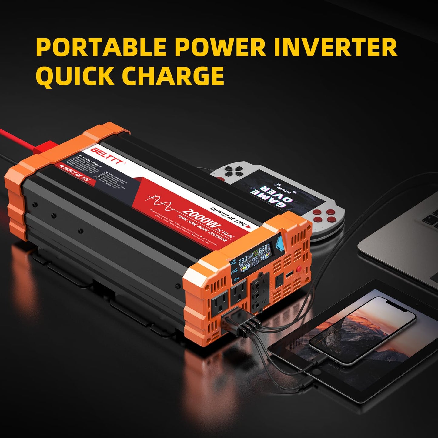 BELTTT 1000Watt Pure Sine Wave Inverter 12V DC to 120V AC for RV, Truck, Off-Grid Solar Car Power Inverter 12V to 110V Converter with Dual AC Socket and 5V 2.1A USB, Intelligent LCD, 2000W Peak