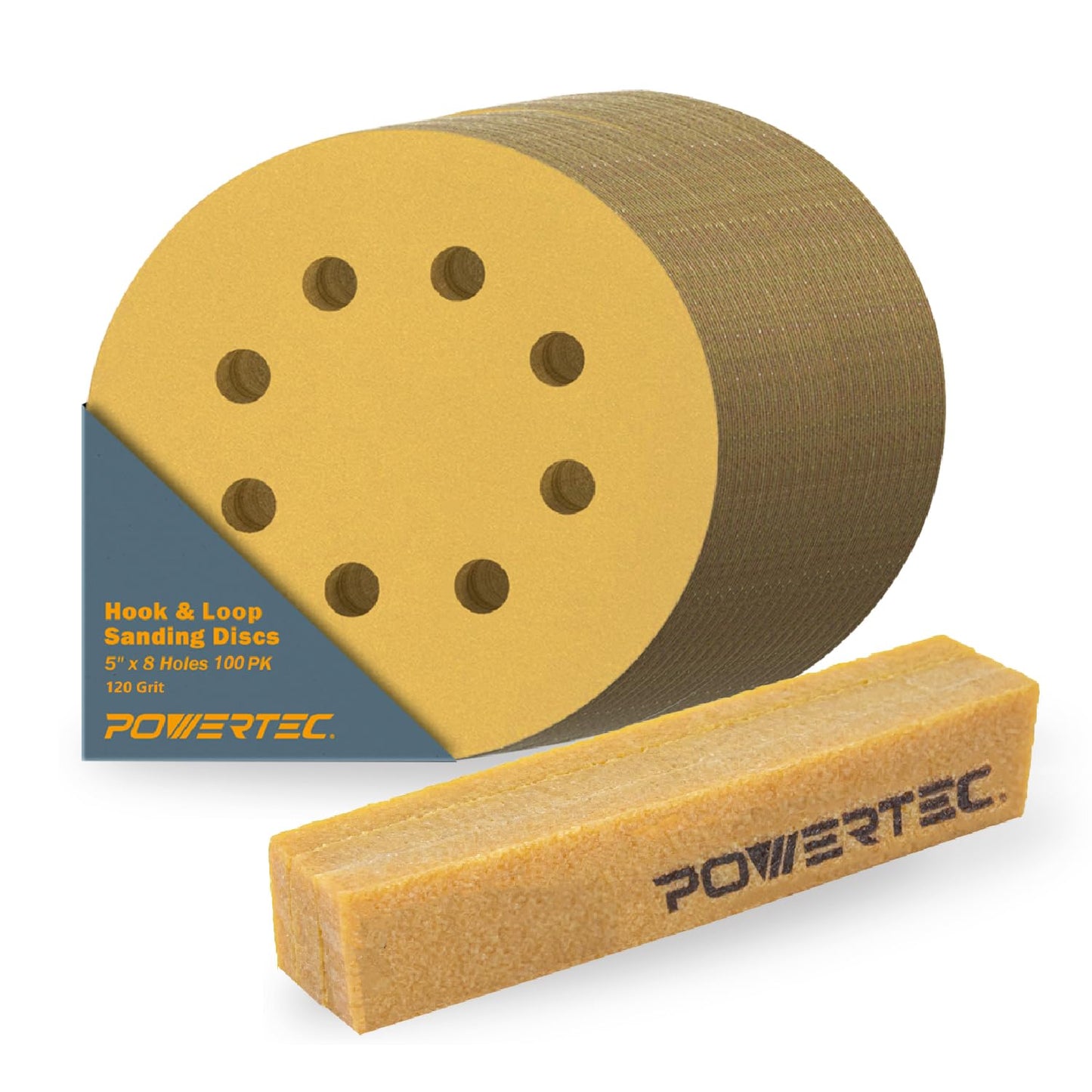 POWERTEC 50 PCS 220 Grit - 5 Inch 8 Hole Hook and Loop Sanding Discs, 5" Sanding Pads for Automotive, Drywall, Woodworking with Orbital Sander, Air, and DA Sander (44022G-50)