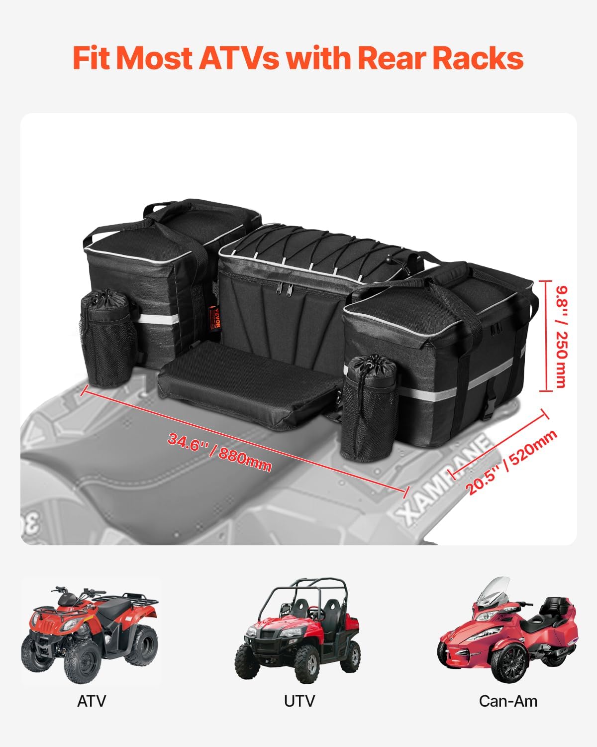 VEVOR ATV Rear Storage Bag, 54L ATV Rear Cargo Bag with 16L Cooler Insulated Bag, 600D Oxford Cloth Storage Rear Rack Seat Bag Fit Most ATVs with Rear Rack, Compatible with ATV, UTV, Can-Am Vehicles