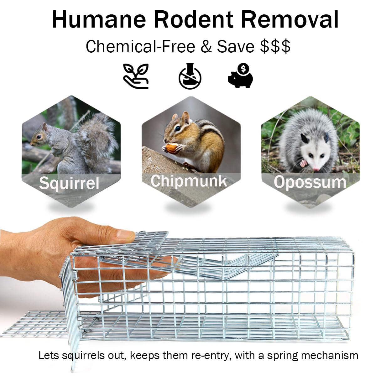 One Way Squirrel Door Excluder, 3.5 x 3.5 inch Opening, Humane One-Way Door for Removing Squirrels, Chipmunks, Includes DIY Installation Kit