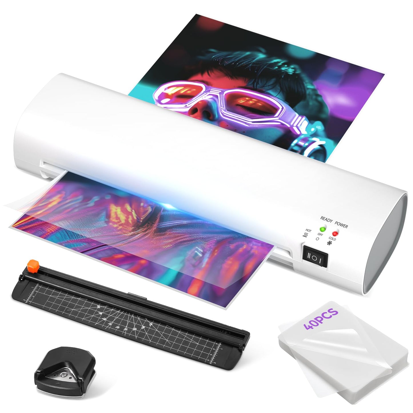 9 Inch Laminator Machine with Never Jam Technology, 40 Laminating Sheets, 4-in-1 A4 Thermal Laminator with Trimmer and Corner Rounder for Office, School, Business and Home Use - White