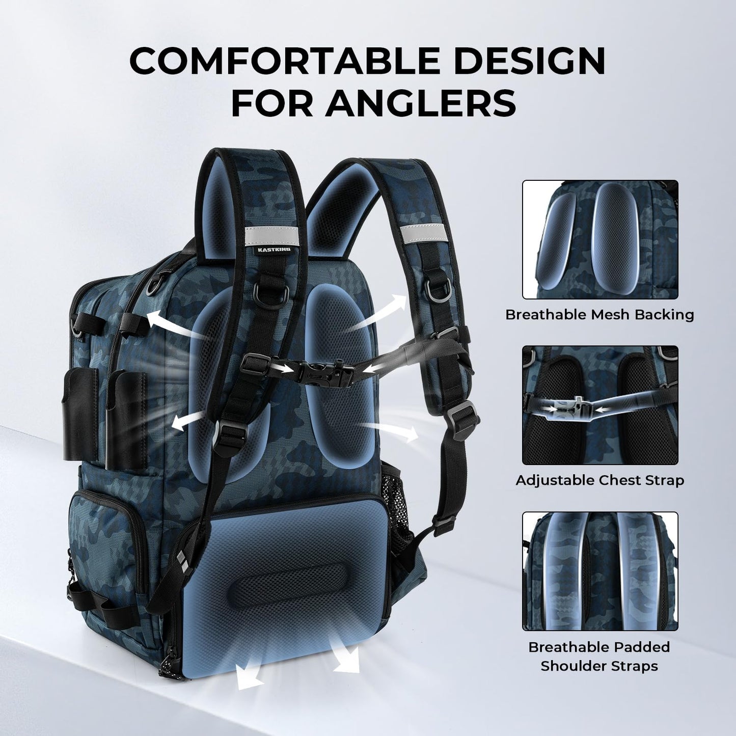 KastKing BaitSpace 50L Fishing Tackle Backpack with Removable Bait Binder & 4 Tackle Boxes, Rod Holders Storage Fishing Gear