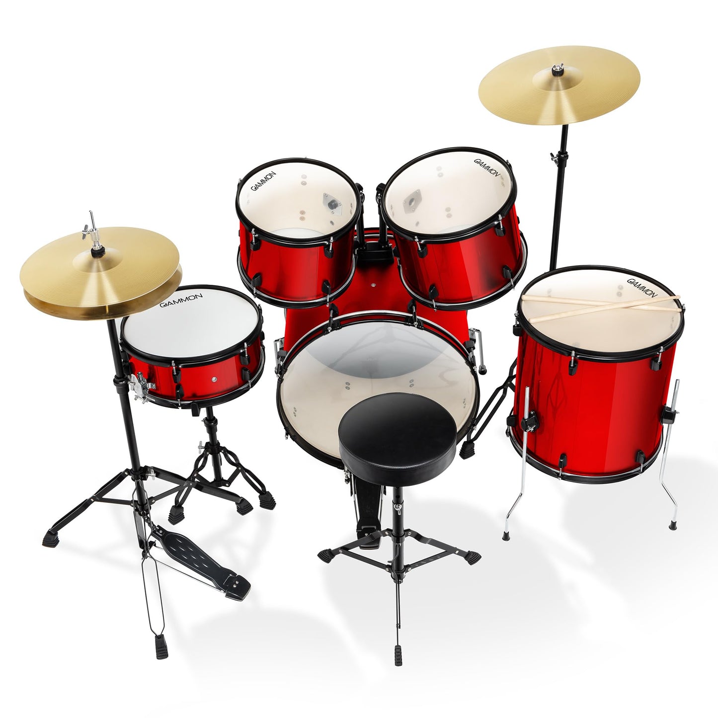 Gammon Percussion Full Size Complete Adult 5-Piece Drum Set with Cymbals, Stands, Stool, and Sticks - Red