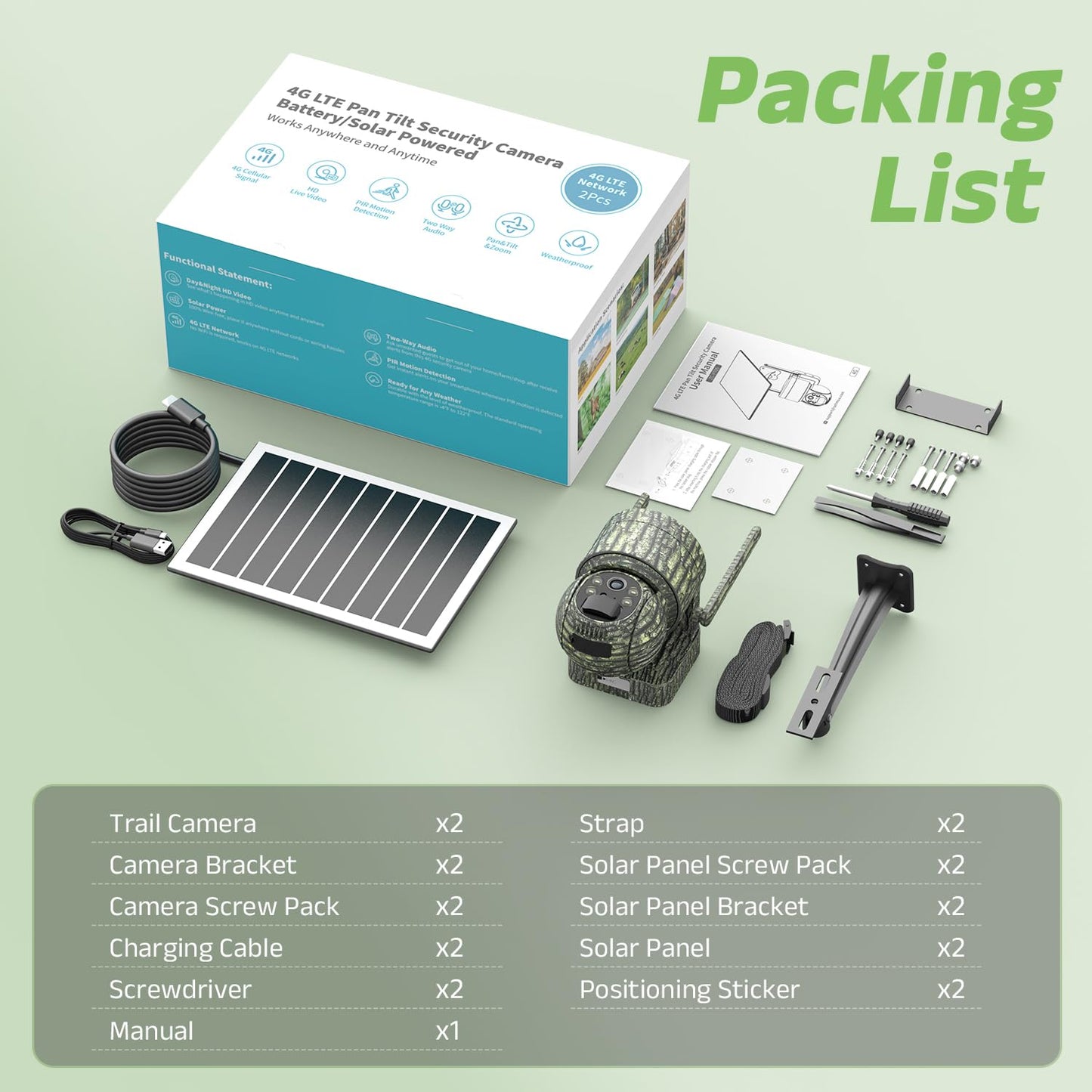 4G LTE Cellular Trail Cameras 2 Pack, Unlimited Data Plan, 360°Full View Live Video, 2K HD Game Camera with Solar Power, Security Camera Built-in SIM Card with PIR Night Vision, IP65 Waterproof