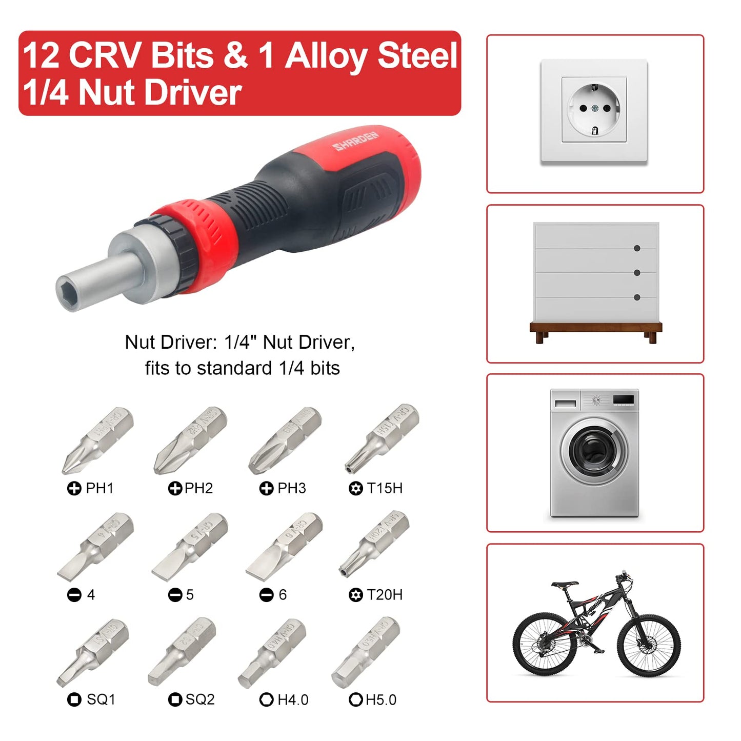 SHARDEN Multi Screwdriver 13-in-1 Screw Driver Adjustable Screwdriver Set Multitool All in One with Torx Security, Flat Head, Phillips, Hex, Square and 1/4 Nut Driver
