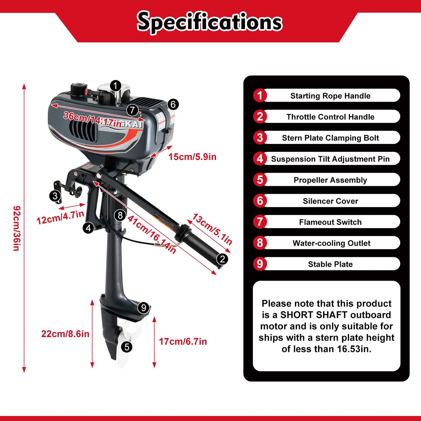 Outboard Motor Boat Engine, 2 Stroke Heavy Duty Fishing Boat Engine 3.5HP Gas Trolling Motor with Water Cooling CDI System for Rubber Boats, Inflatable Boats, Sailboats