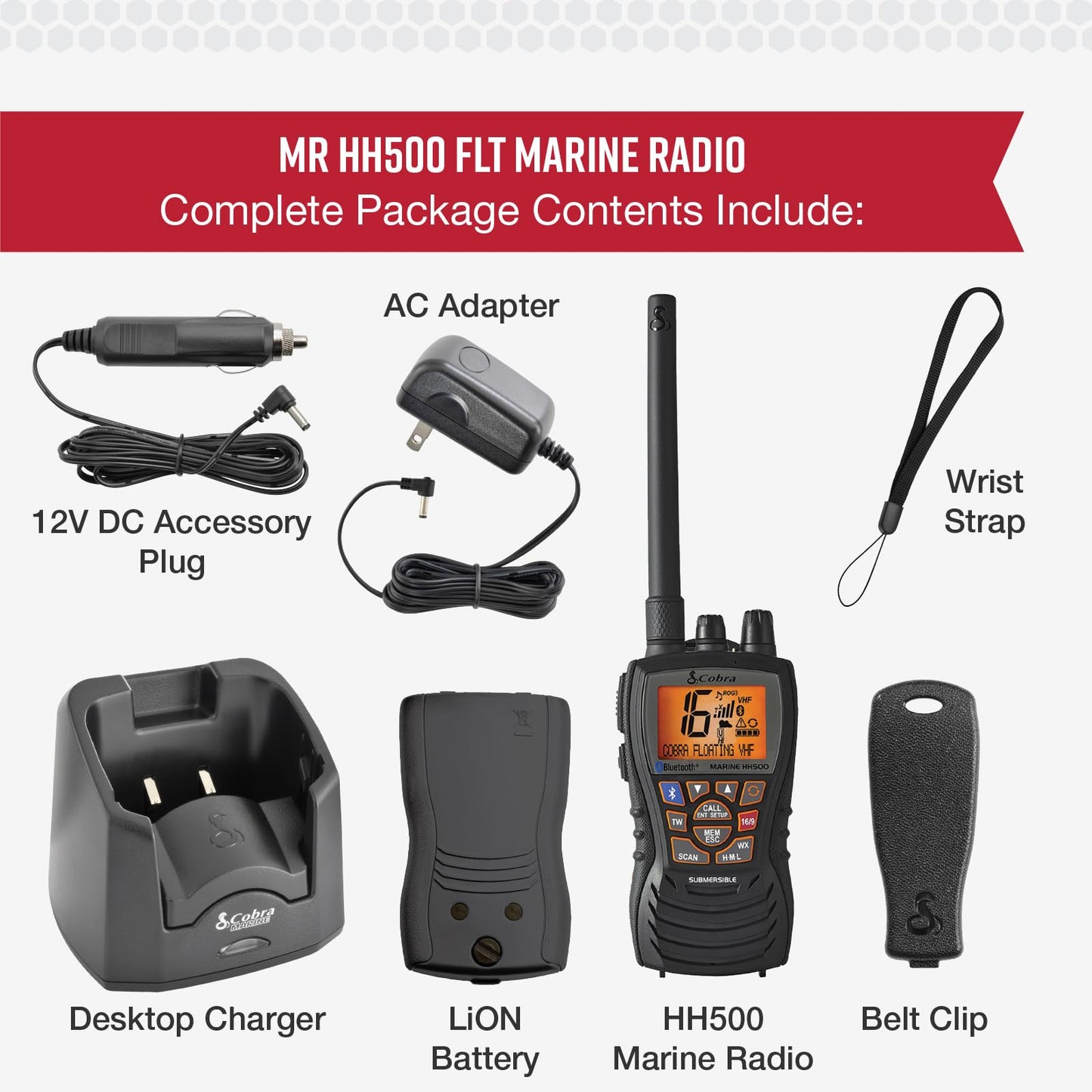 Cobra MR HH350 FLT Handheld Floating VHF Radio - 6 Watt, Submersible, Noise Cancelling Mic, Backlit LCD Display, NOAA Weather, and Memory Scan, Grey