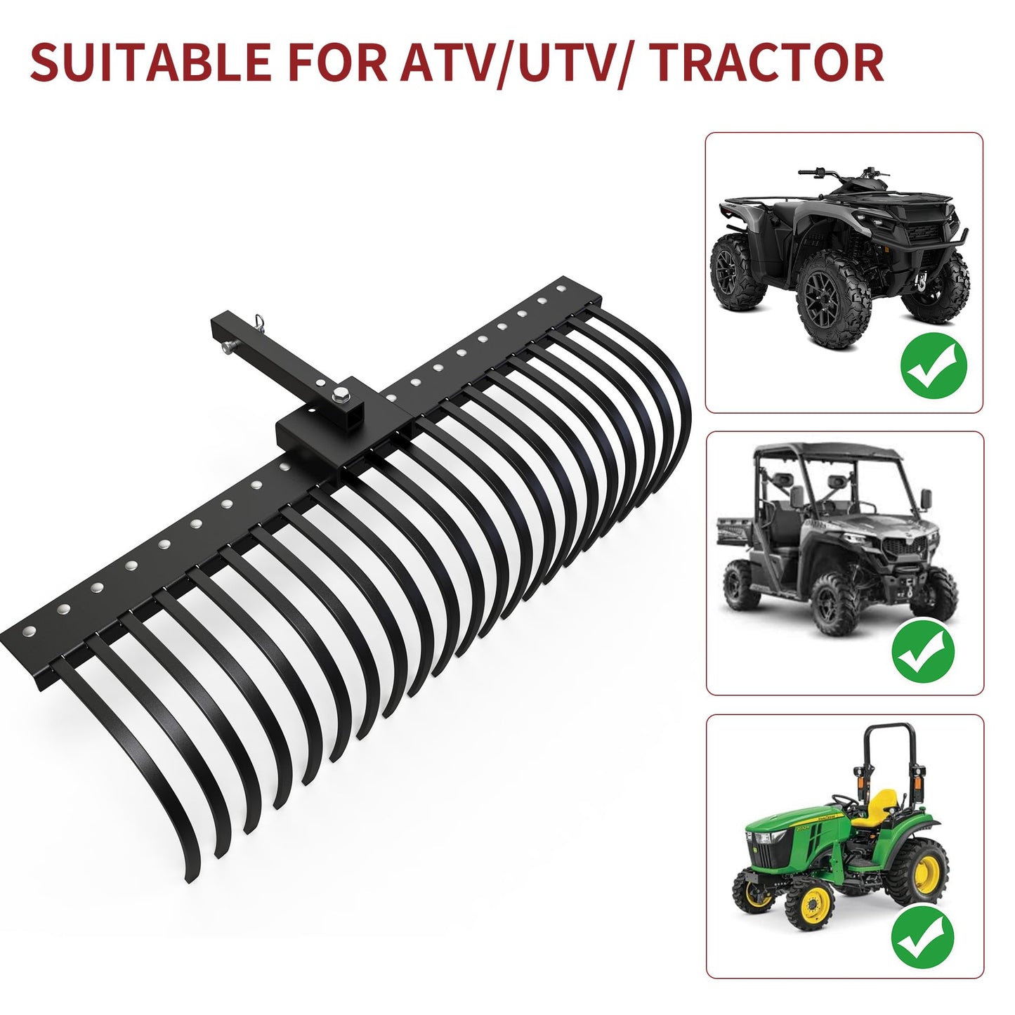 YITAMOTOR 4FT Tractors Rake 17 Pine Straw Rake Fits 2" Receiver for Lawn Tractors or ATV/UTV
