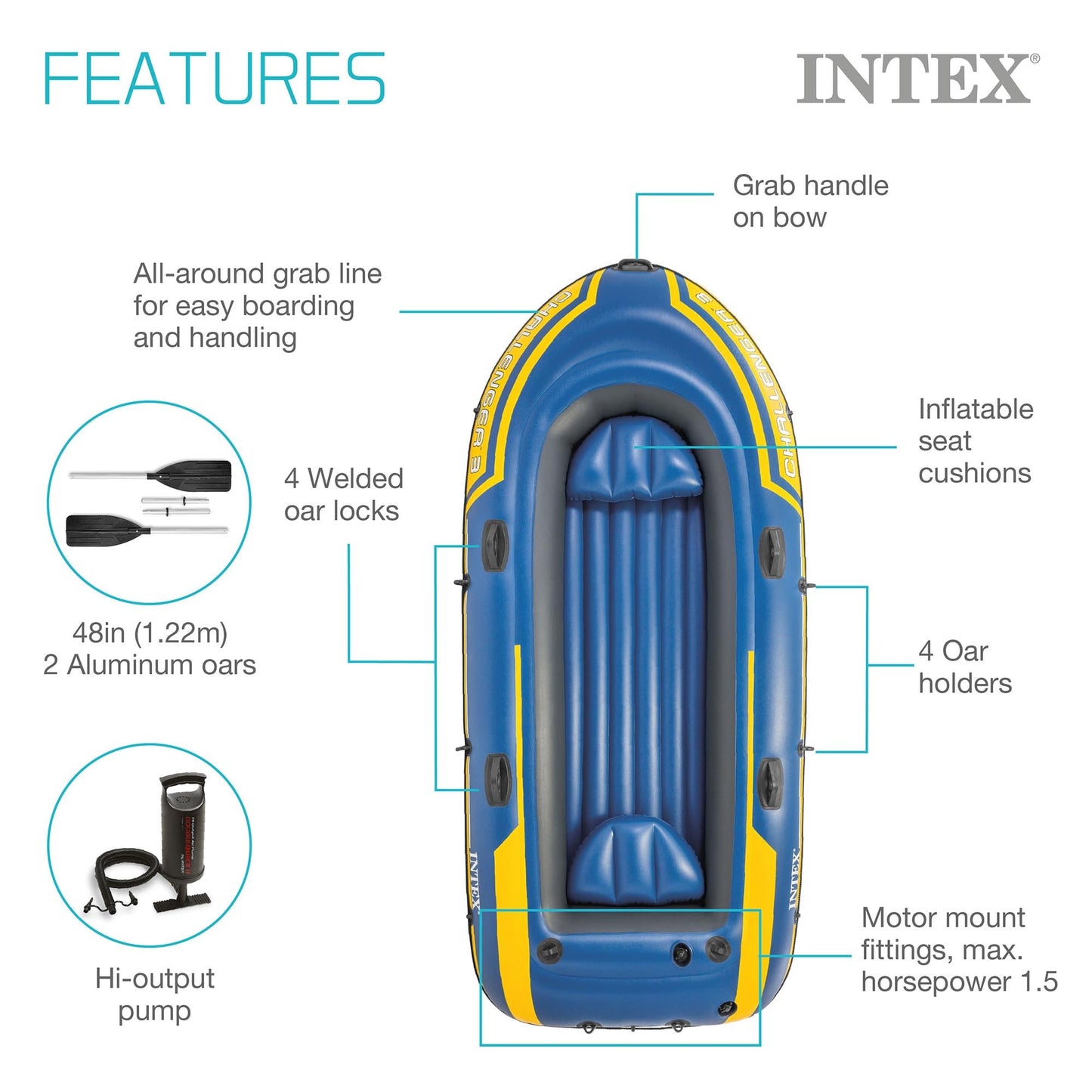 INTEX Challenger Inflatable Boat Series: Includes Deluxe Boat Oars and High-Output Pump – SuperStrong PVC – Triple Air Chambers – Welded Oar Locks – Heavy Duty Grab Handle