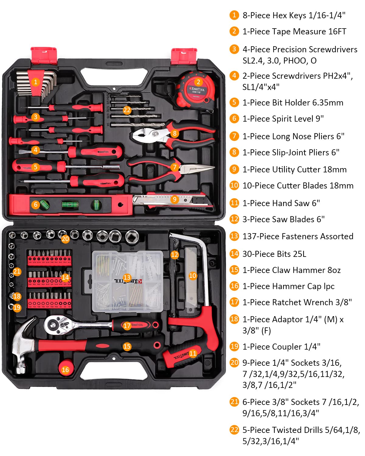 KingTool 325 Piece Home Repair Tool Kit, General Home/Auto Repair Tool Set, Toolbox Storage Case with Drawer, General Household Tool Kit - Perfect for Homeowner, Diyer, Handyman