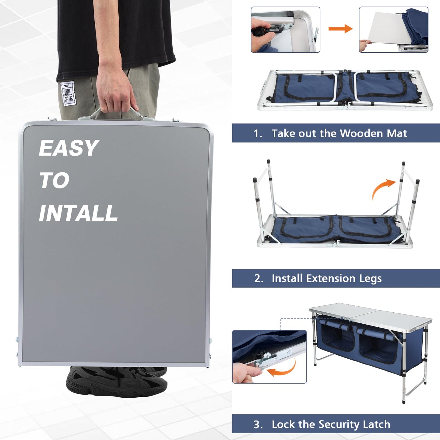 Camping Table, Folding Camping Table with Storage, Portable Kitchen Table, Lightweight, 3 Heights Adjustable Camping Furniture for BBQ, Picnic, Camping, Hiking, Beach, and Indoor