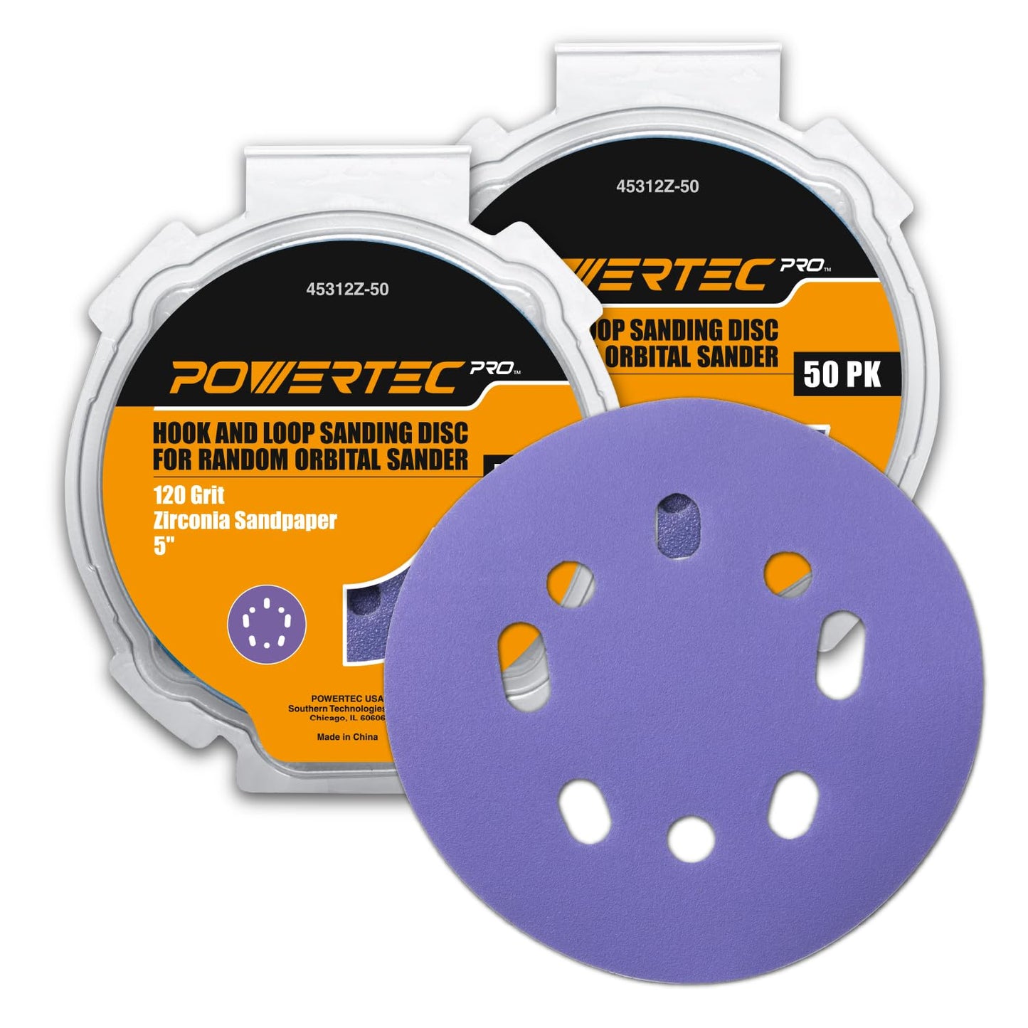 POWERTEC 50 PCS 220 Grit - 5 Inch 8 Hole Hook and Loop Sanding Discs, 5" Sanding Pads for Automotive, Drywall, Woodworking with Orbital Sander, Air, and DA Sander (44022G-50)