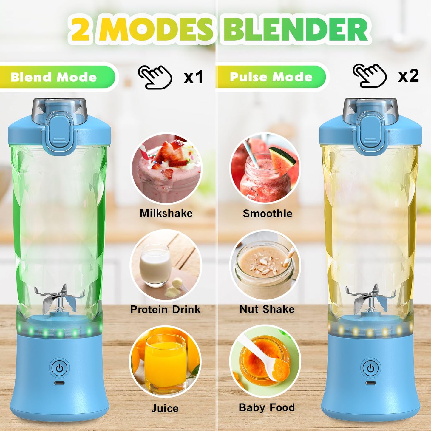 Portable Blender with Insulated Carrying Case & Recipe Book for Shakes and Smoothies, 24 OZ Personal Juicer Electric Protein Shaker Bottle, Mini Small Blender Cup with USB-C Rechargeable, Travel Lid