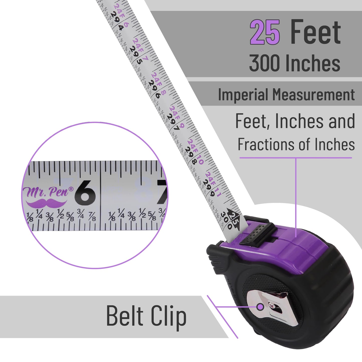 Mr. Pen 25-Foot Steel Retractable Tape Measure with Easy Read Fractions