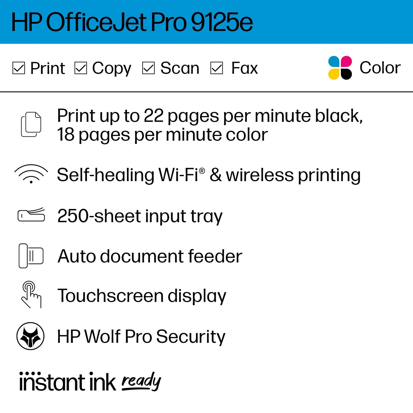 HP OfficeJet Pro 9125e All-in-One Printer, Color, Printer-for-Small Medium Business, Print, Copy, scan, fax,Touchscreen; Smart Advance Scan, 3 month Instant Ink trial included
