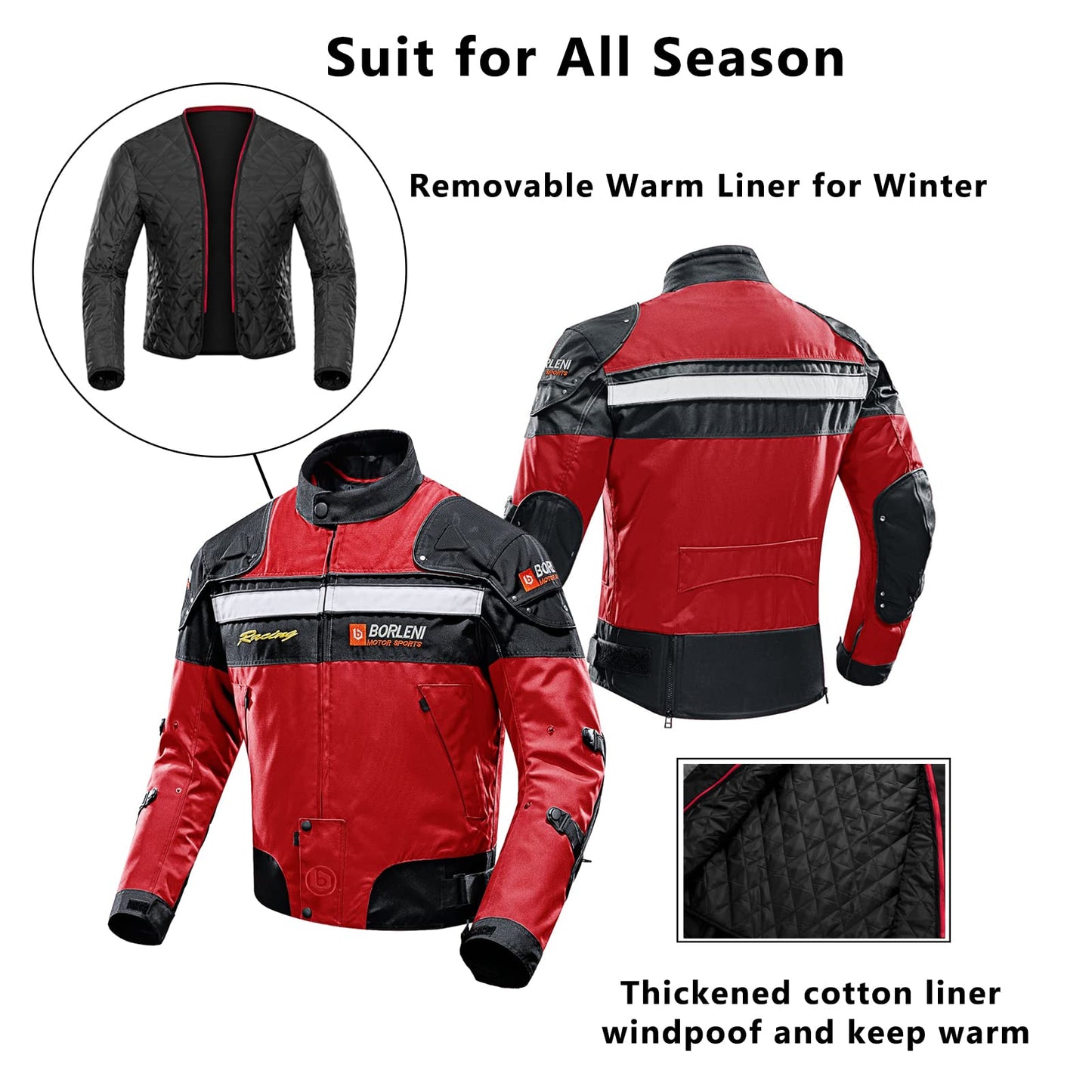 BORLENI Motorcycle Jacket Motorbike Riding Jacket Windproof Motorcycle Full Body Protective Gear Armor