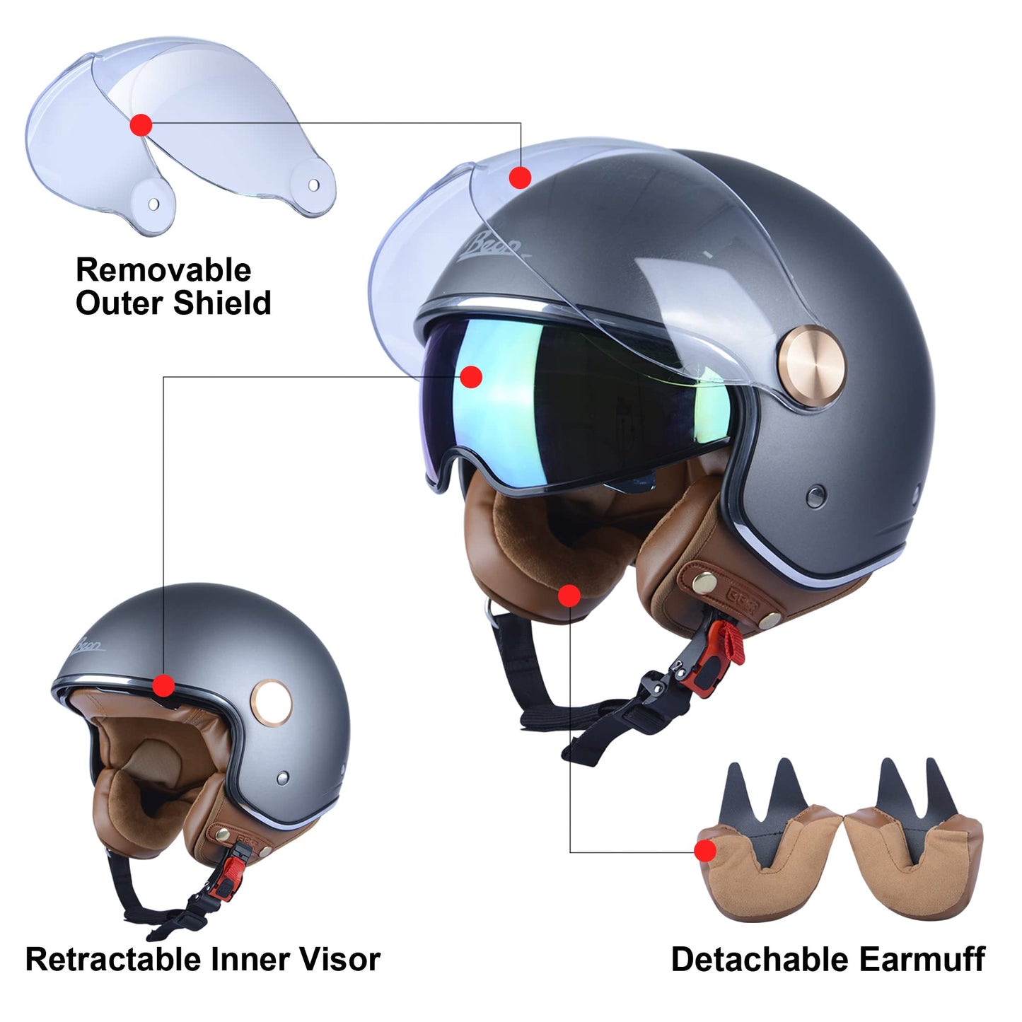 Open Face Motorcycle Helmet for Adults, DOT Approved,3/4 Retro Vespa Helmet, Dual Visors Men's and Women's Motorbike Casco for Moped Cruiser Bobber and Chopper