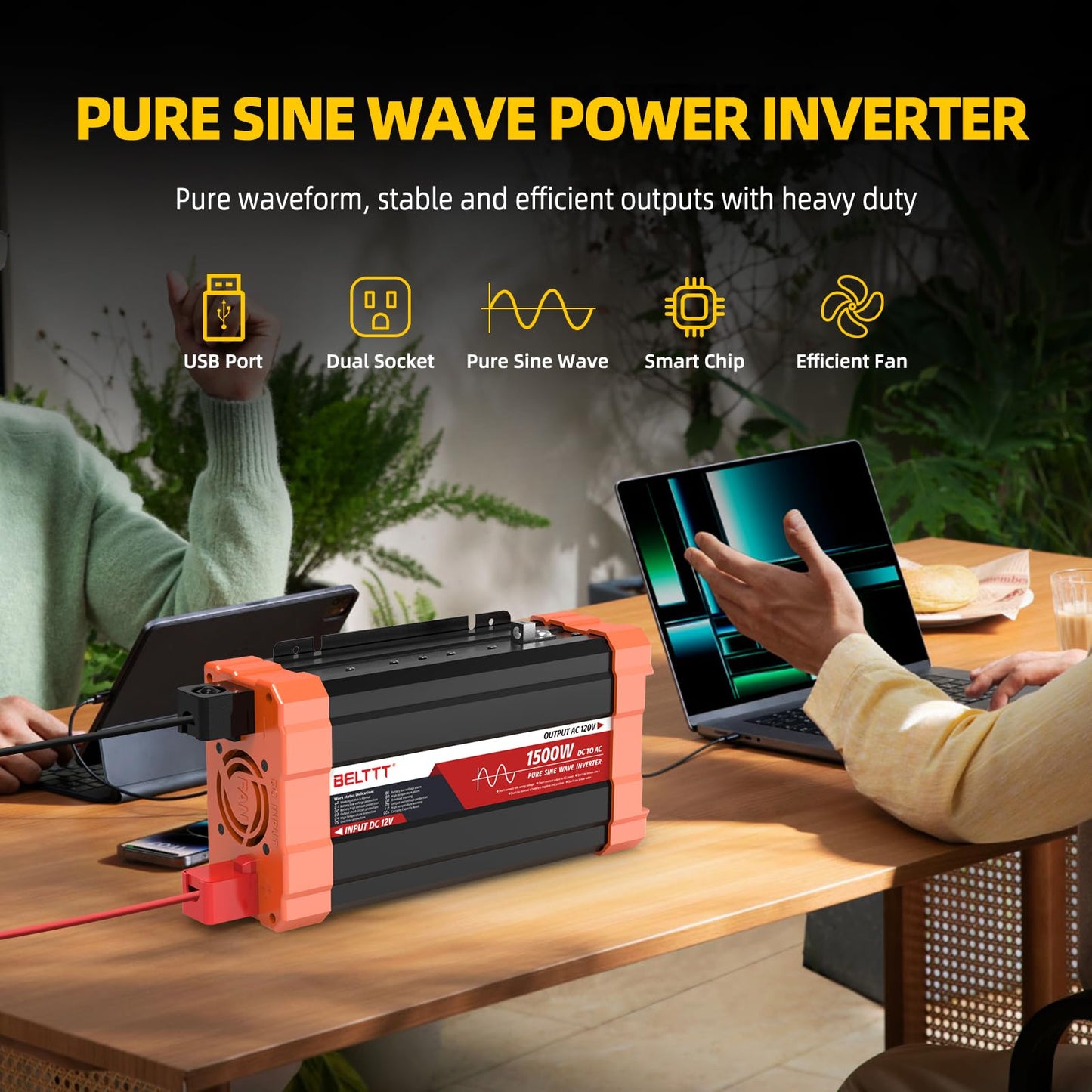 BELTTT 1000Watt Pure Sine Wave Inverter 12V DC to 120V AC for RV, Truck, Off-Grid Solar Car Power Inverter 12V to 110V Converter with Dual AC Socket and 5V 2.1A USB, Intelligent LCD, 2000W Peak