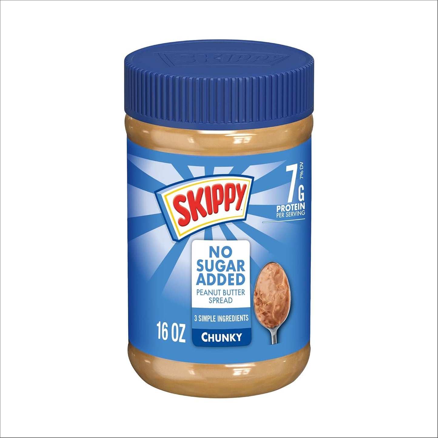 SKIPPY No Sugar Added Chunky Peanut Butter Spread, 16 oz Jars (Pack of 12) – 3 Ingredients, 7g Protein per Serving, Gluten-Free