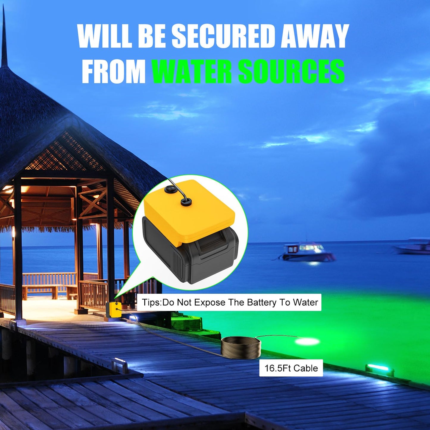 Underwater Fishing Light Compatible for Milwaukee 18V Battery,LED Green Light for 30W IP68 3000 Lumens Fish Attracting, Night Fishing for Docks Boats or Kayaks(no Battery)