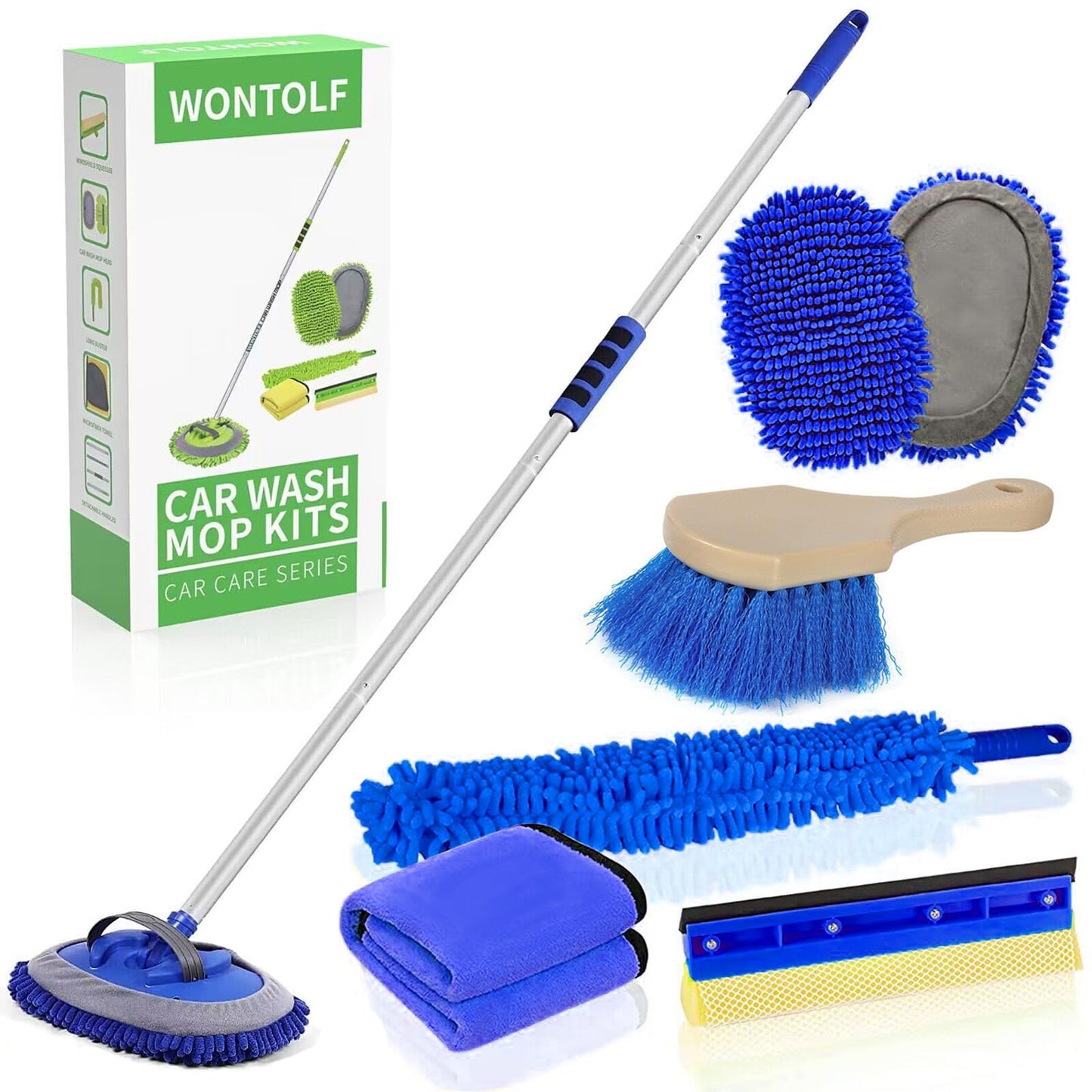 62'' Car Wash Brush with Long Handle Chenille Microfiber Car Wash Mop Mitt Car Cleaning Kit Windshield Window Squeegee Car Duster Microfiber Towels Wheel Tire Brush for Cars RV Truck Boat