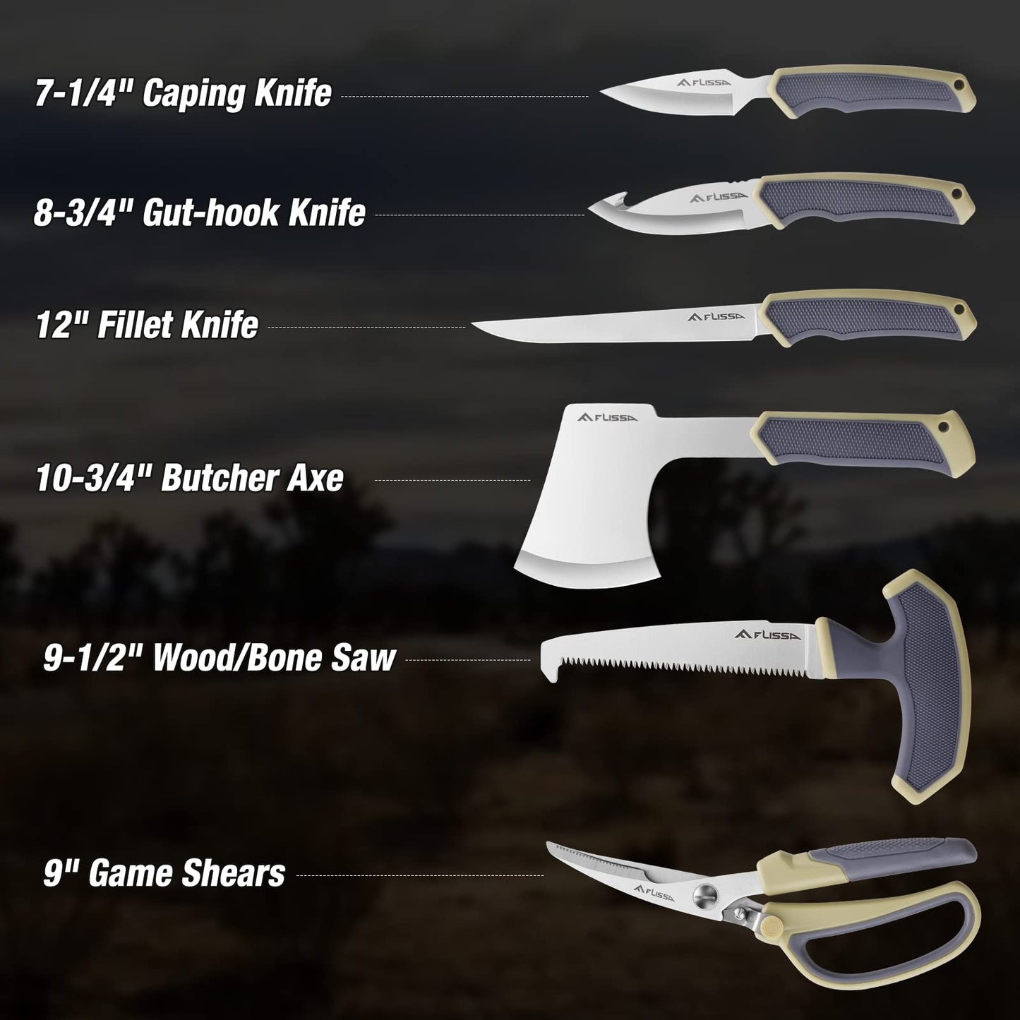 FLISSA Hunting Field Dressing Kit, 10 Piece Hunting Knife Set with Skinning Knife, Butcher Game Processing Kit with Portable Storage Case for Deer, Meat Processing, Fishing, Camping, Survival