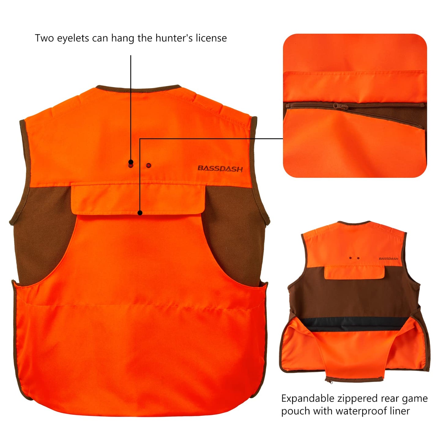 BASSDASH Upland Game Field Water-Resistant Bird Hunting Vest with Multi Pockets Brown/Orange Men Women FV11