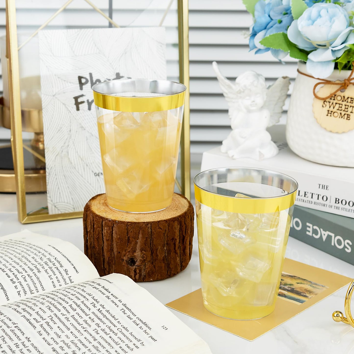I00000 200 Pack Gold Plastic Cups, 9 Oz Elegant Clear Plastic Cups Gold Rimmed Disposable Wine Glasses Fancy Disposable Party Cups Wedding Cups Drinking Tumblers Plastic Cocktail Glasses with Gold Rim