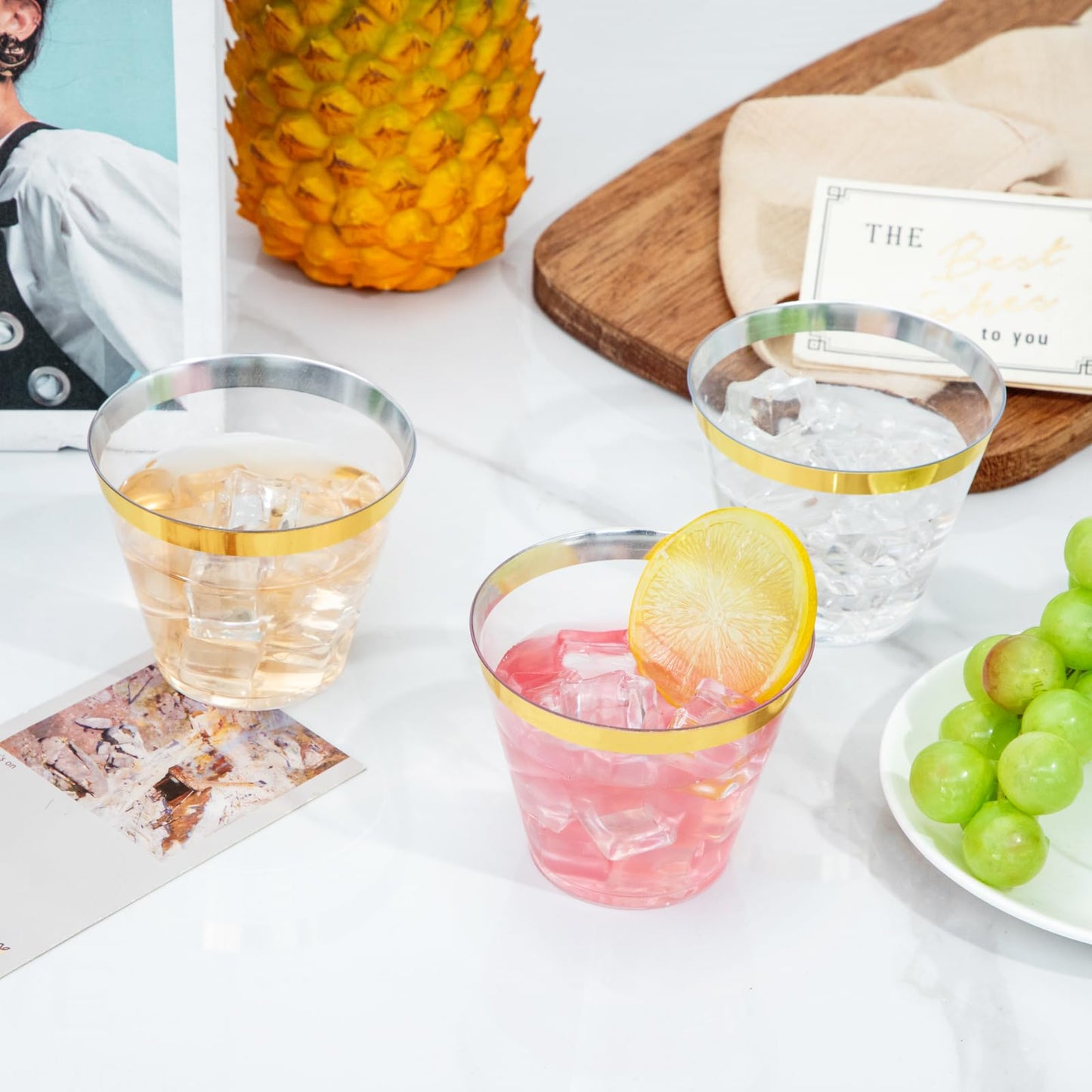 I00000 200 Pack Gold Plastic Cups, 9 Oz Elegant Clear Plastic Cups Gold Rimmed Disposable Wine Glasses Fancy Disposable Party Cups Wedding Cups Drinking Tumblers Plastic Cocktail Glasses with Gold Rim