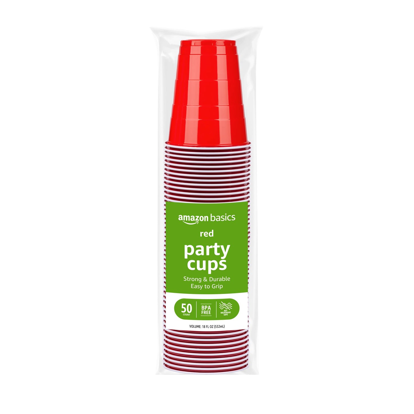 Amazon Basics Disposable Plastic Party Cups, Red, 18oz, 50 Count