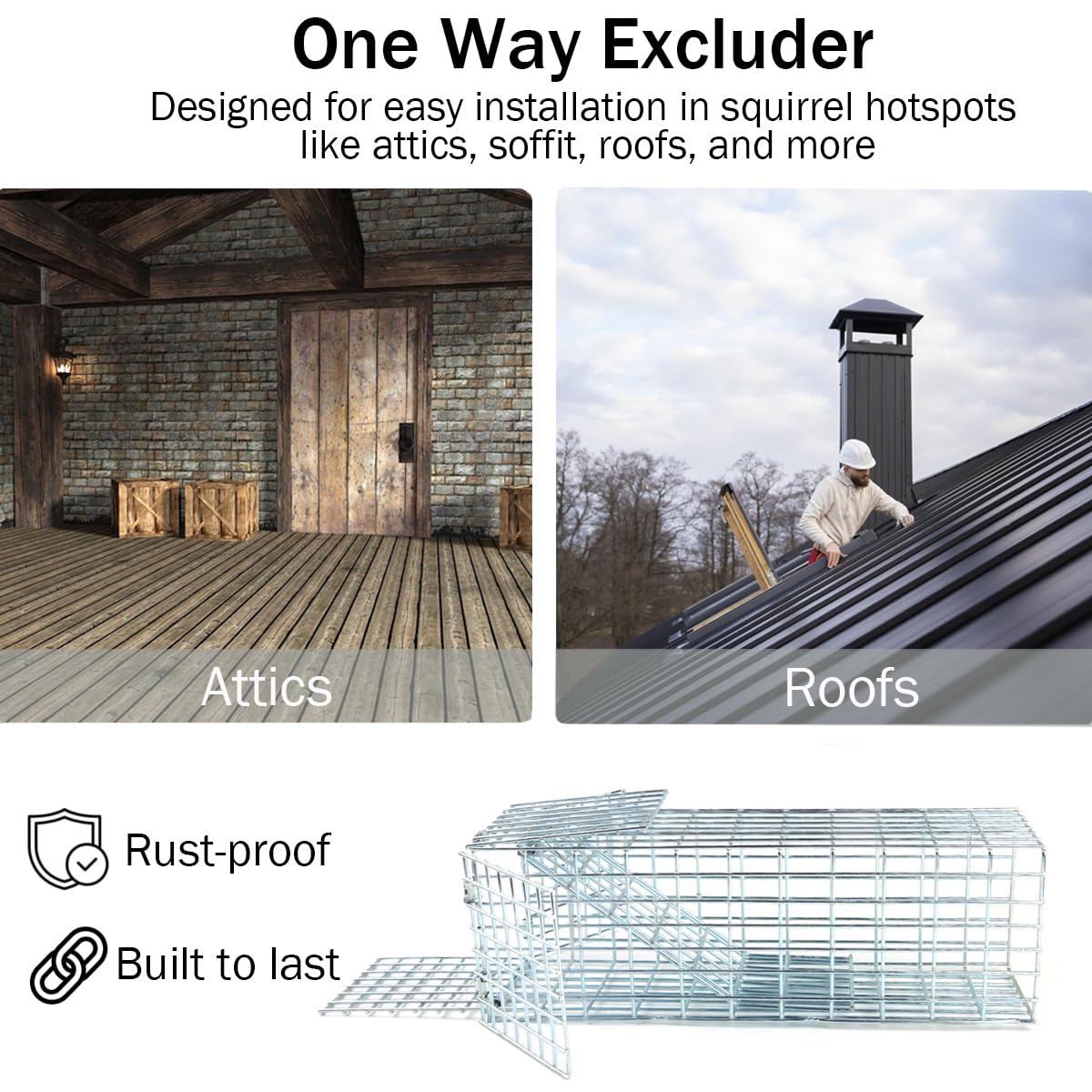One Way Squirrel Door Excluder, 3.5 x 3.5 inch Opening, Humane One-Way Door for Removing Squirrels, Chipmunks, Includes DIY Installation Kit