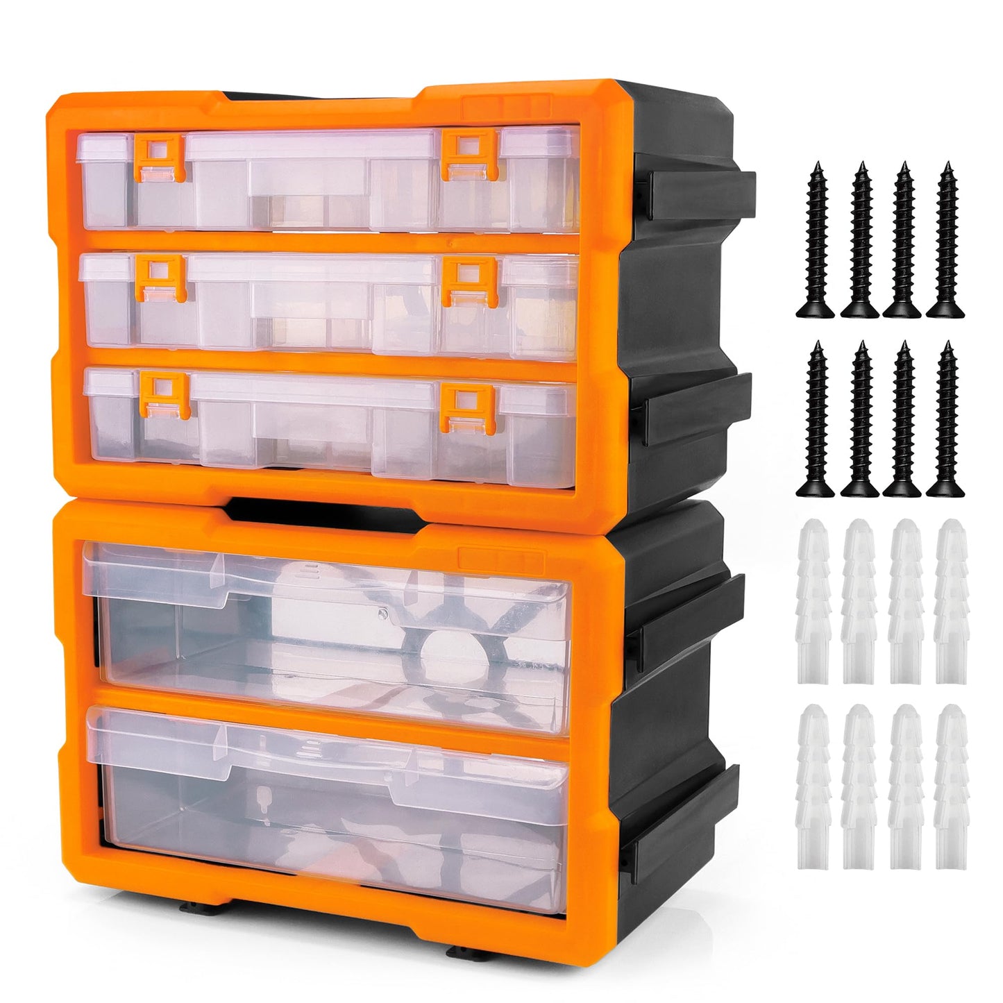 HORUSDY Wall Mounted Storage Bins Parts Rack 30PC Organizer Garage Plastic Shop Tool for Men's Gift, Blue,Orange,Red