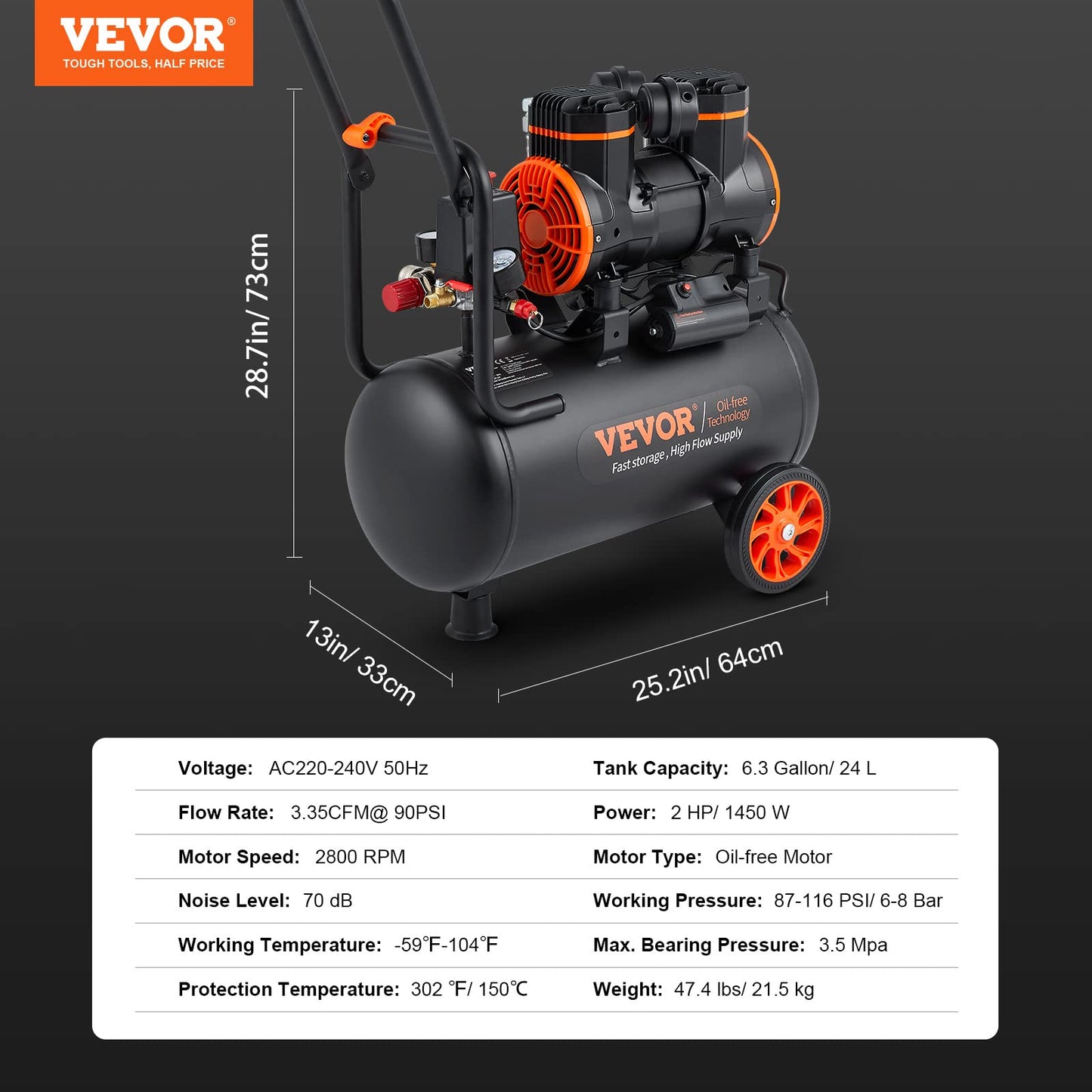 VEVOR 6.3 Gallon Air Compressor, 2 HP 3.35 CFM@90PSI Air Compressors with Max. 116PSI Pressure, Oil Free Compressor Tank for Auto Repair, Tire Inflation, Spray Painting, Woodwork Nailing