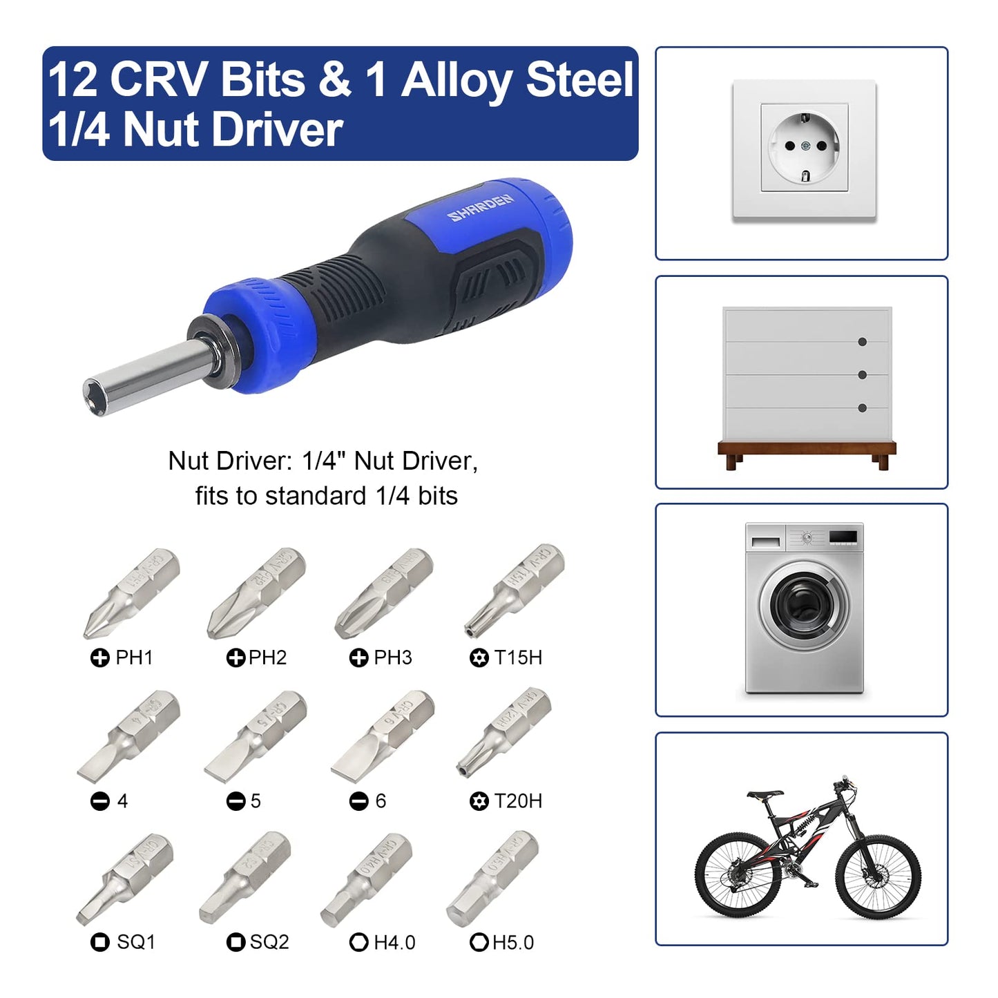 SHARDEN Multi Screwdriver 13-in-1 Screw Driver Adjustable Screwdriver Set Multitool All in One with Torx Security, Flat Head, Phillips, Hex, Square and 1/4 Nut Driver