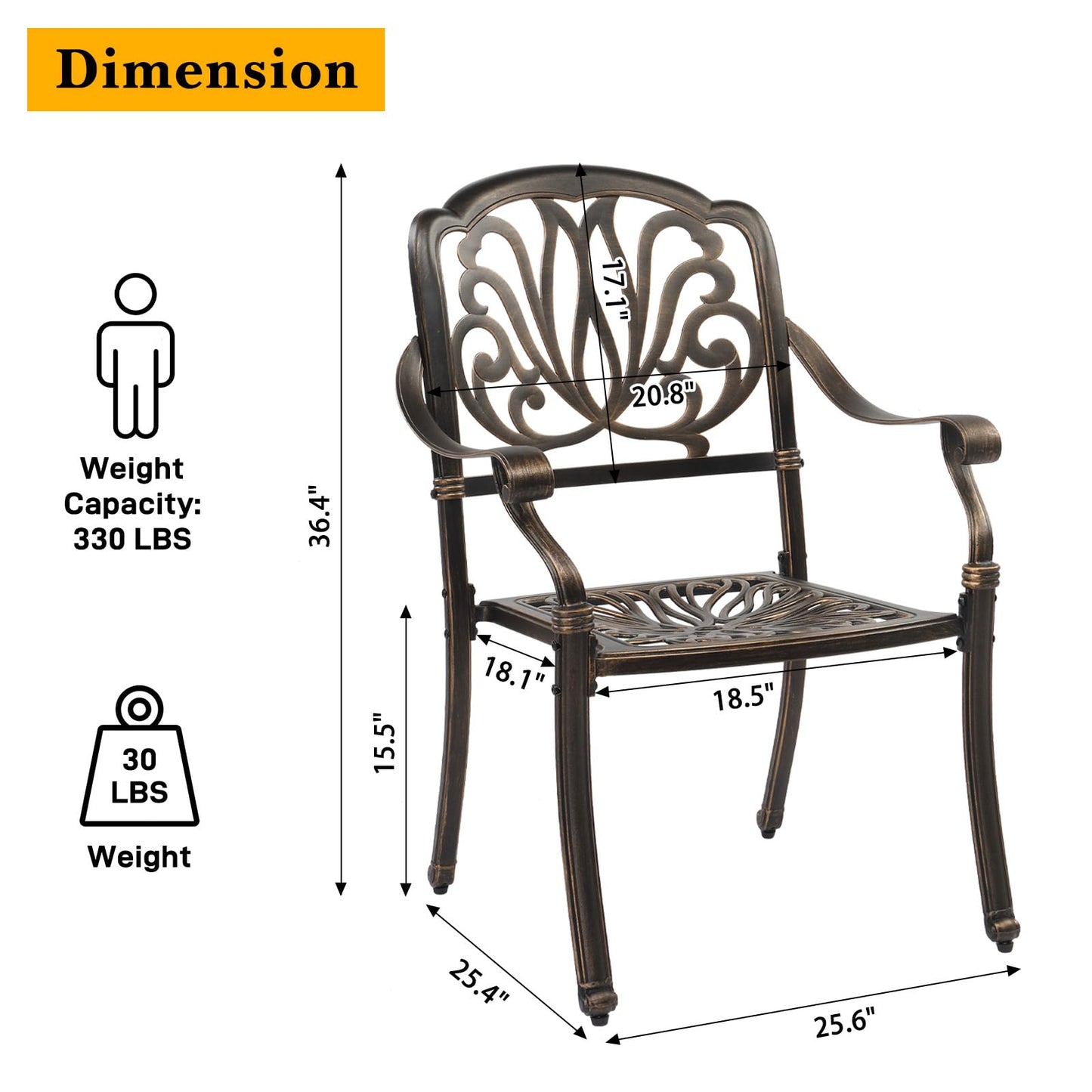 VINGLI 5 Pieces Outdoor Patio Dining Set, Cast Aluminium Patio Furniture Set with 4 Chairs and 1 Umbrella Table for Yard, Garden, Porch and Poolside, Bronze (Square Table)