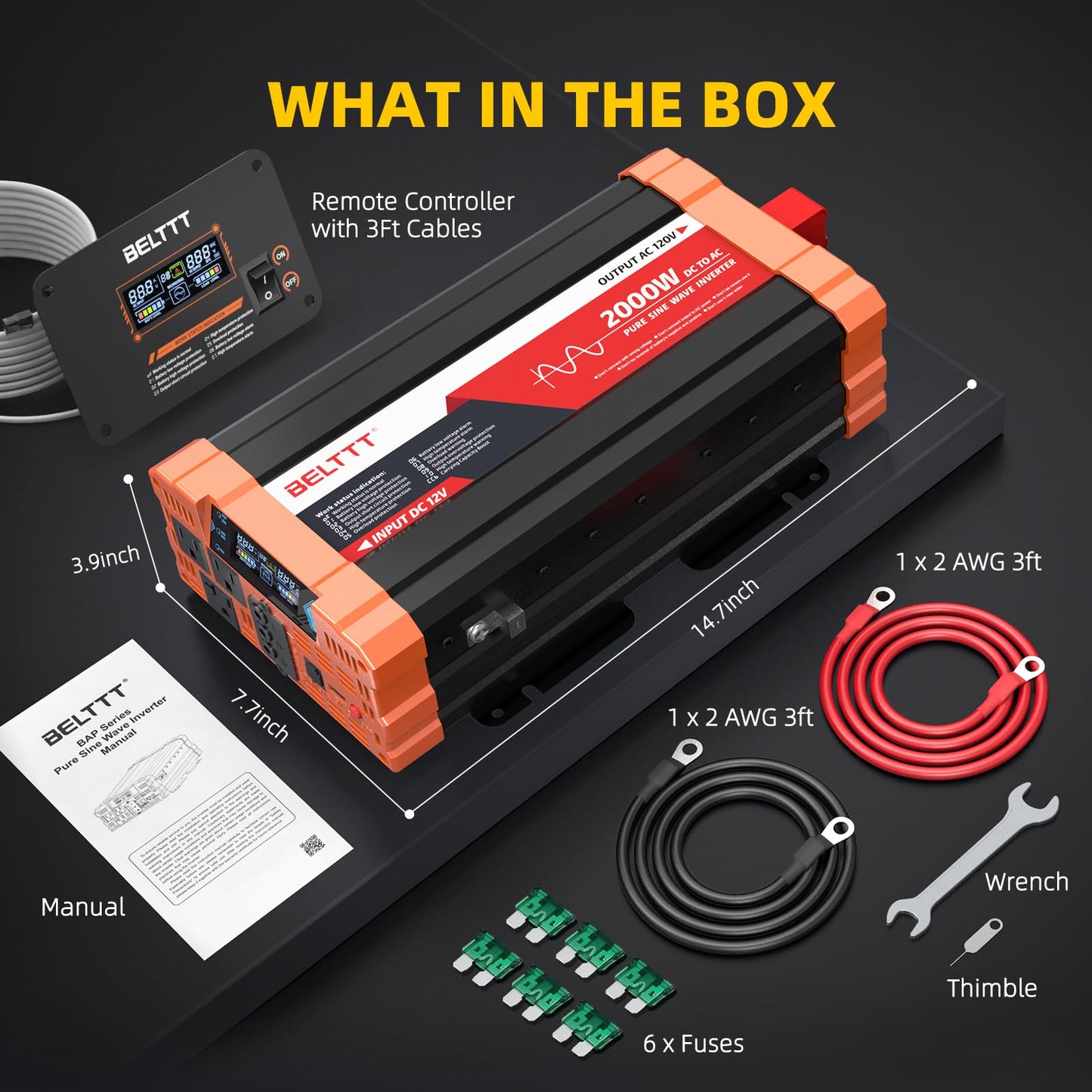BELTTT 1000Watt Pure Sine Wave Inverter 12V DC to 120V AC for RV, Truck, Off-Grid Solar Car Power Inverter 12V to 110V Converter with Dual AC Socket and 5V 2.1A USB, Intelligent LCD, 2000W Peak