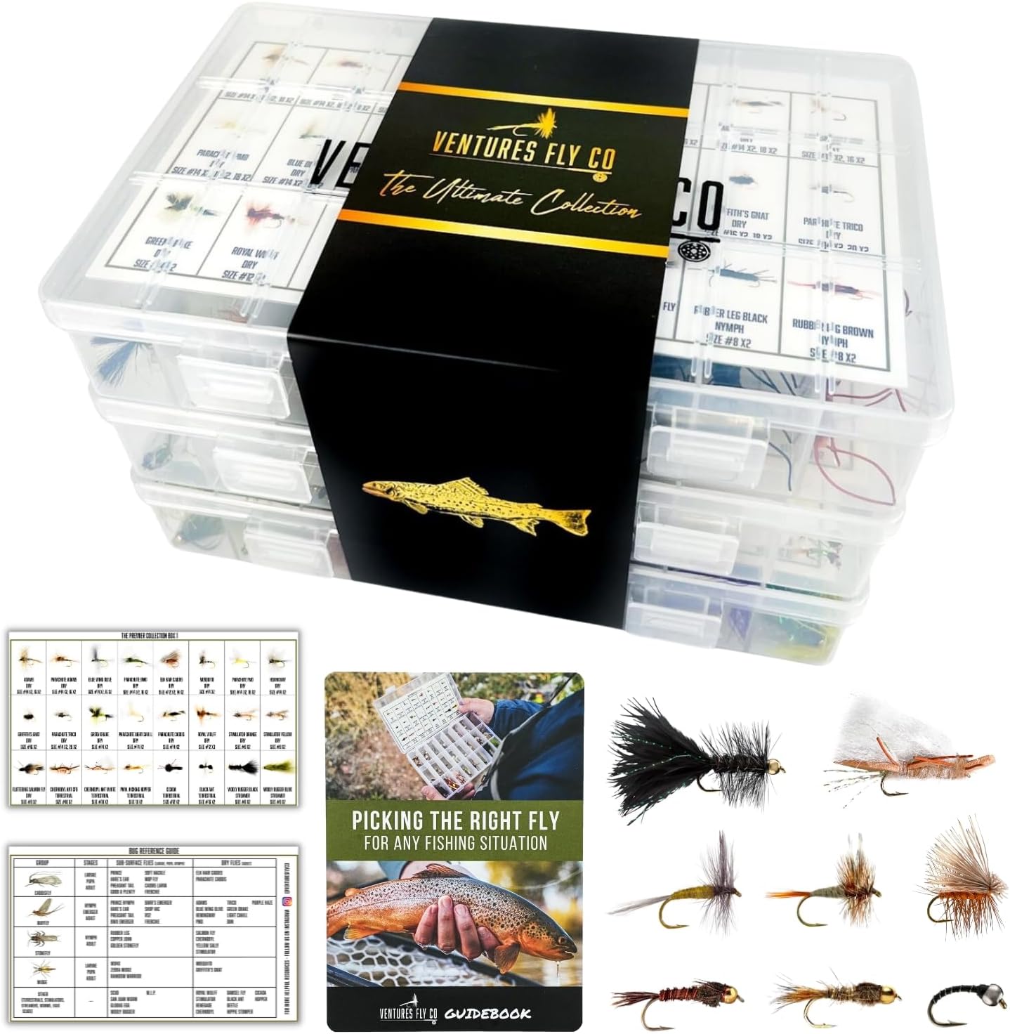 Ventures Fly Co. | 200 Premium Hand Tied Fly Fishing Flies Assortment | Three Fly Boxes Included | Dry, Wet, Nymphs, Streamers, Wooly Buggers, Terrestrials | Trout, Bass Lure Set, Kit