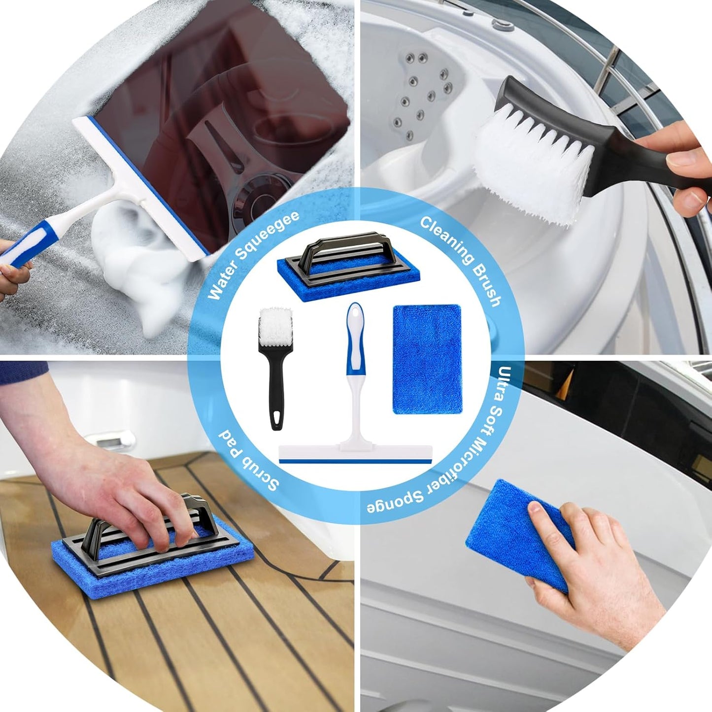 AUTODECO 12Pcs Boat Wash Cleaning Kit with Collapsible Bucket Wash Sponge Mitt Microfiber Towel Squeegee Scrub Pads Brushes Complete Interior Exterior Cleaning Set for Boat