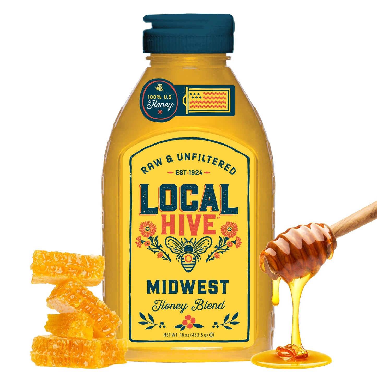 Local Hive Midwest Raw Unfiltered Honey – 16 oz, 100% Pure US Honey, Sourced from American Bees and Beekeepers - Natural Sweetener, Ideal for Tea, Baking, and Cooking