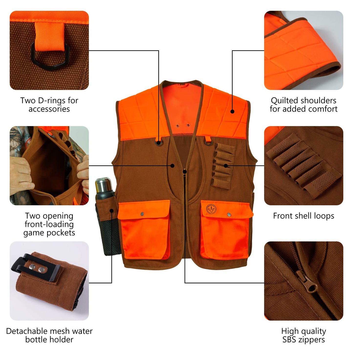 BASSDASH Upland Game Field Water-Resistant Bird Hunting Vest with Multi Pockets Brown/Orange Men Women FV11