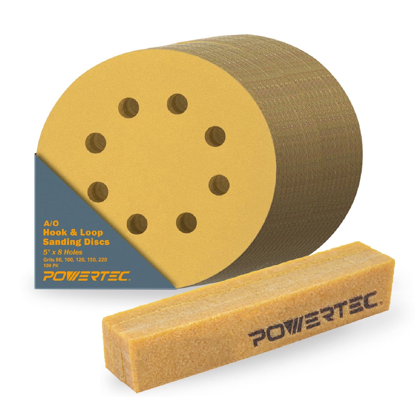 POWERTEC 50 PCS 220 Grit - 5 Inch 8 Hole Hook and Loop Sanding Discs, 5" Sanding Pads for Automotive, Drywall, Woodworking with Orbital Sander, Air, and DA Sander (44022G-50)